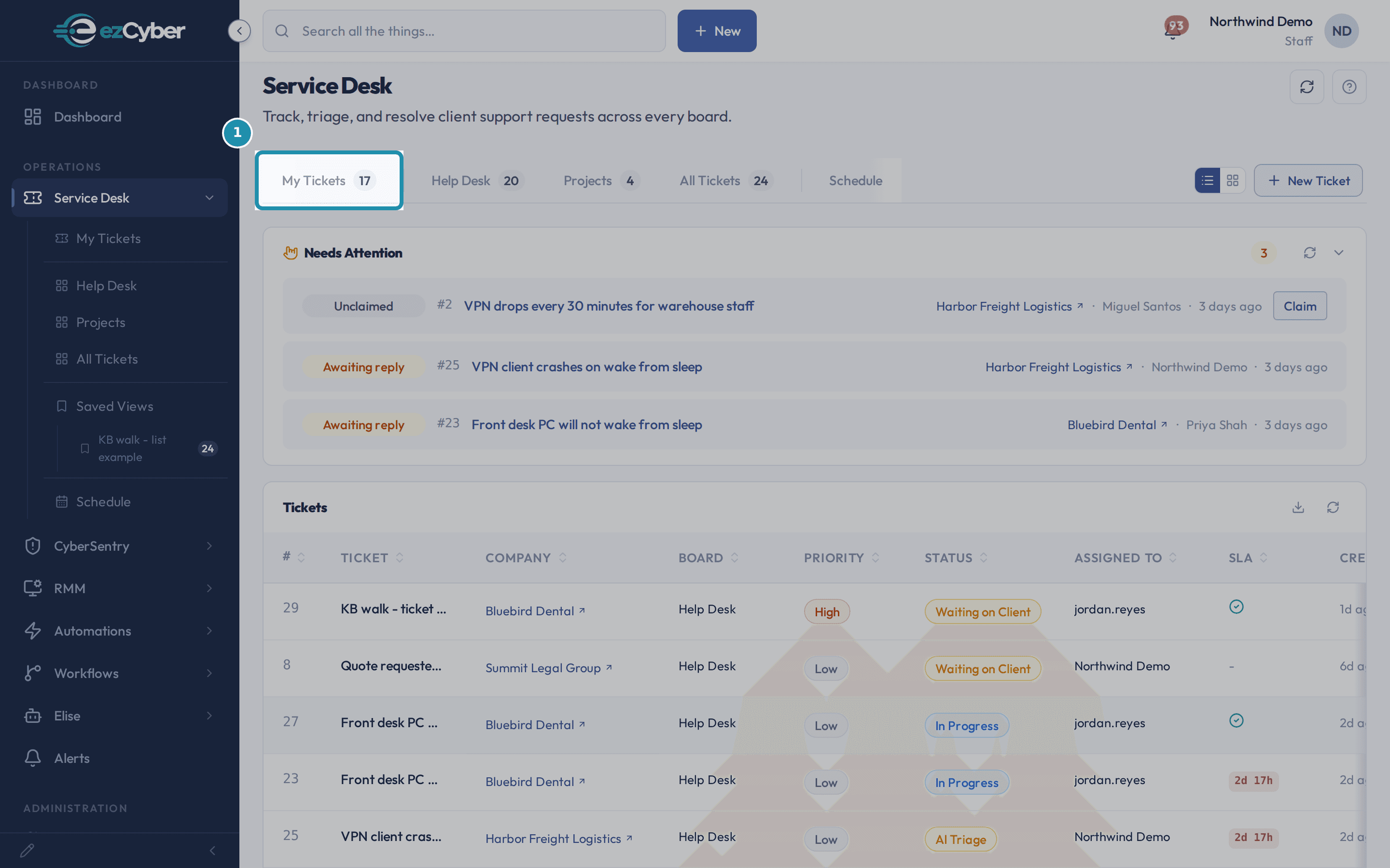 The Service Desk page with the My Tickets tab highlighted, showing a badge of 17.