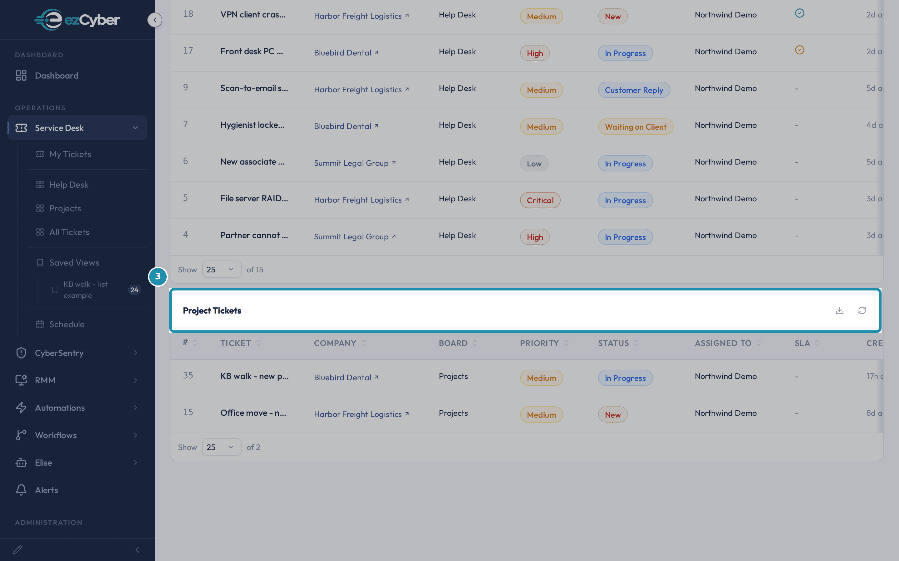 The Project Tickets section header on My Tickets with its download and refresh controls, above the project sub-ticket rows.