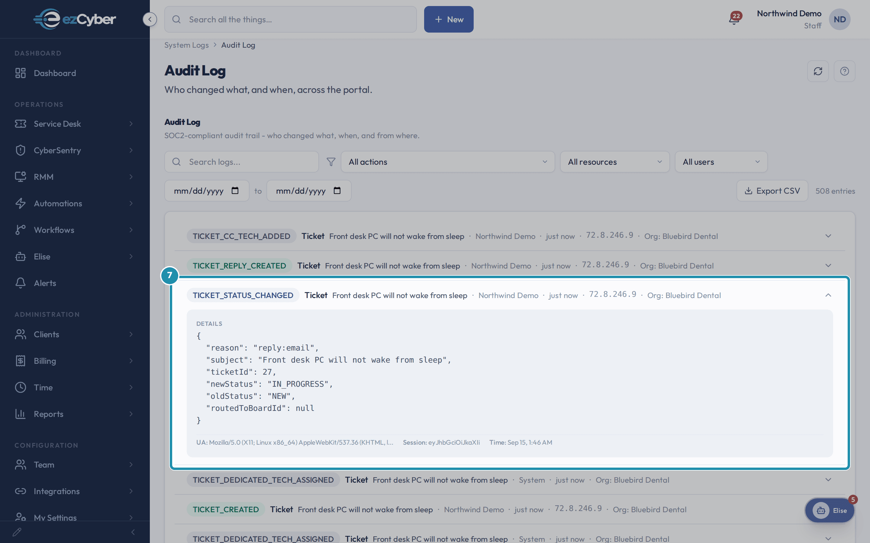 The expanded audit log row for TICKET_STATUS_CHANGED showing oldStatus New and newStatus In Progress.