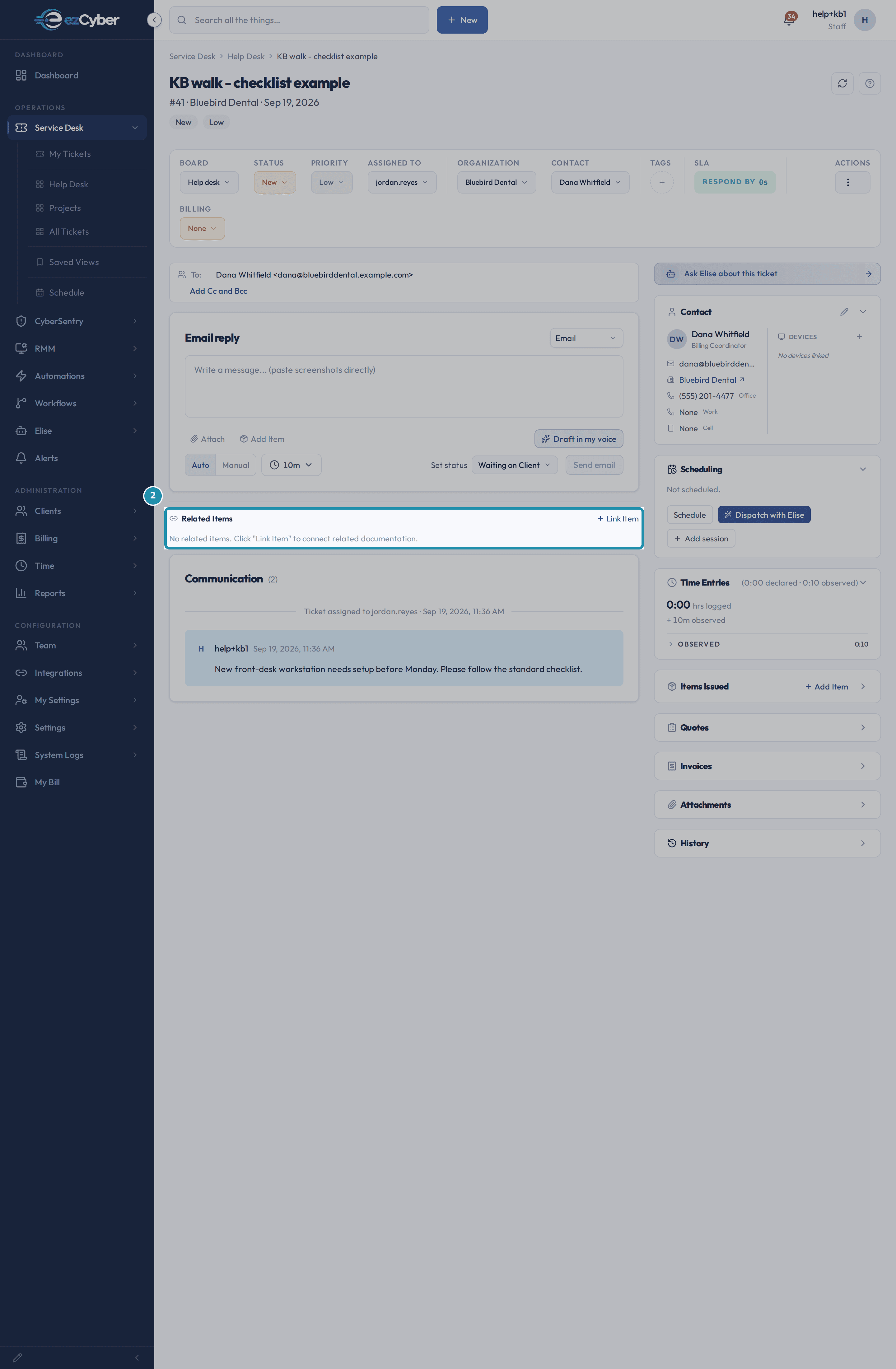 The Related Items card on a new ticket, empty, with the Link Item control in its corner.