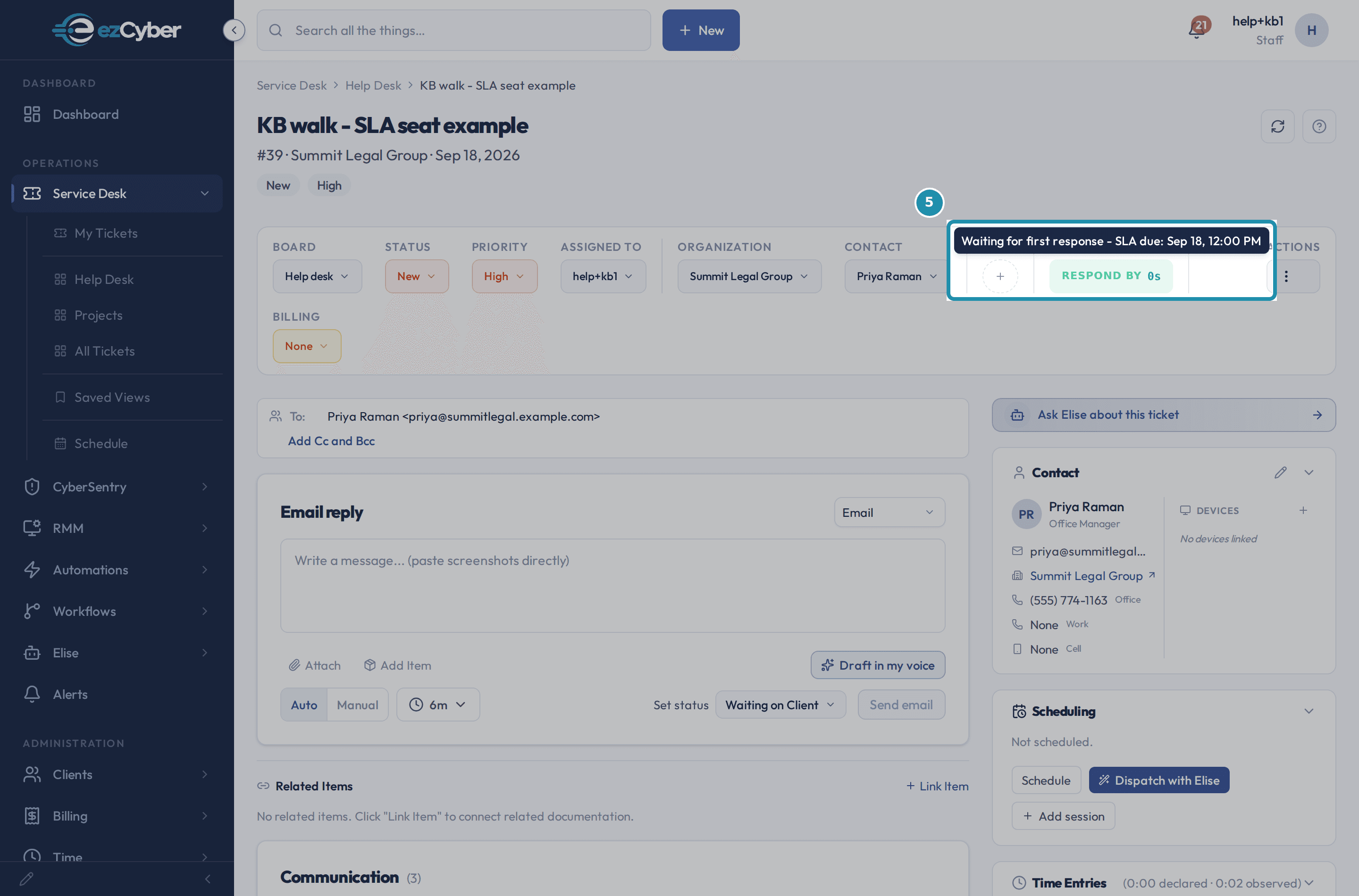A ticket's SLA control highlighted with its tooltip open, reading Waiting for first response - SLA due: Sep 18, 12:00 PM above a chip reading RESPOND BY 0s.