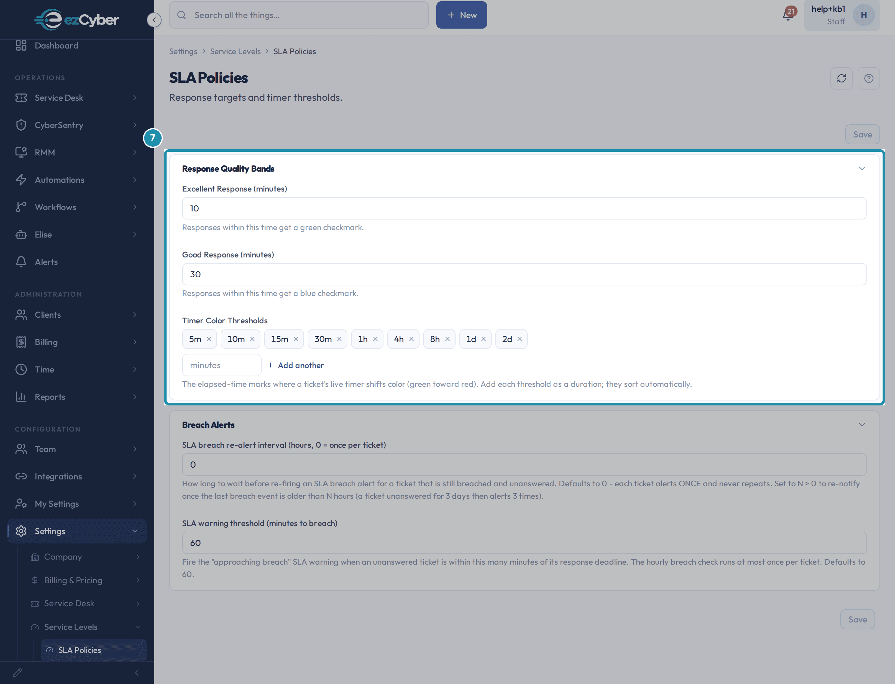 The Response Quality Bands card highlighted on the SLA Policies page, showing Excellent Response 10, Good Response 30 and the Timer Color Thresholds chips 5m, 10m, 15m, 30m, 1h, 4h, 8h, 1d and 2d.