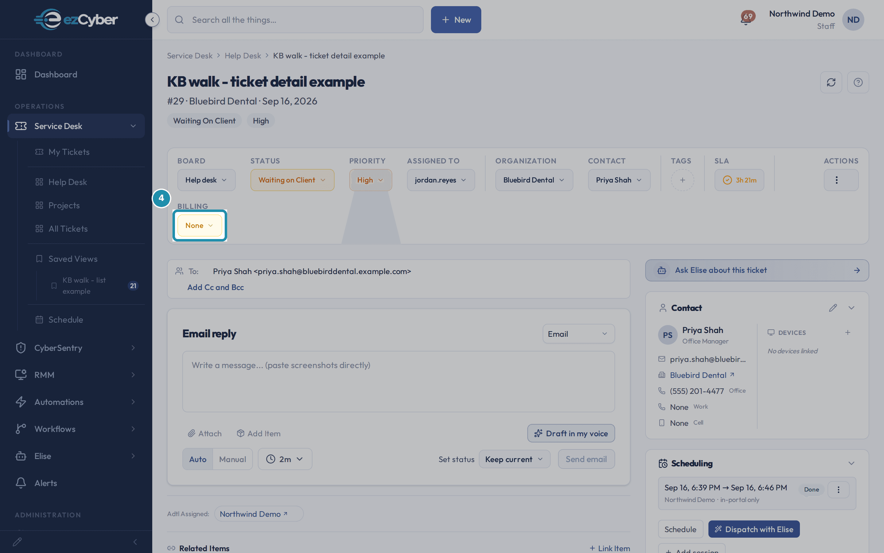 The Billing field in the ticket toolbar, boxed, showing None before a status is picked.