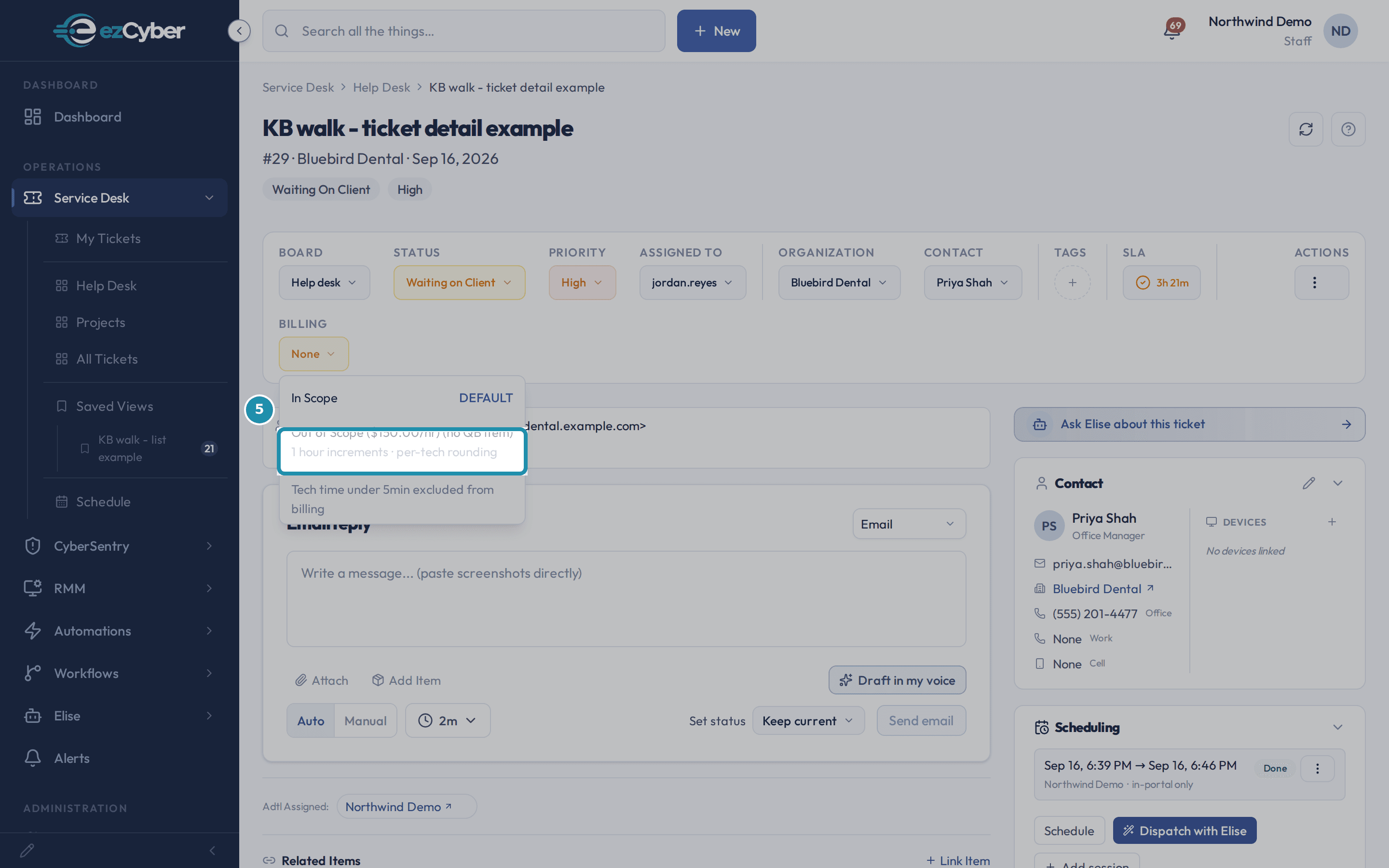 The Out of Scope option's sublabel reading 1 hour increments, per-tech rounding, boxed inside the open Billing dropdown.