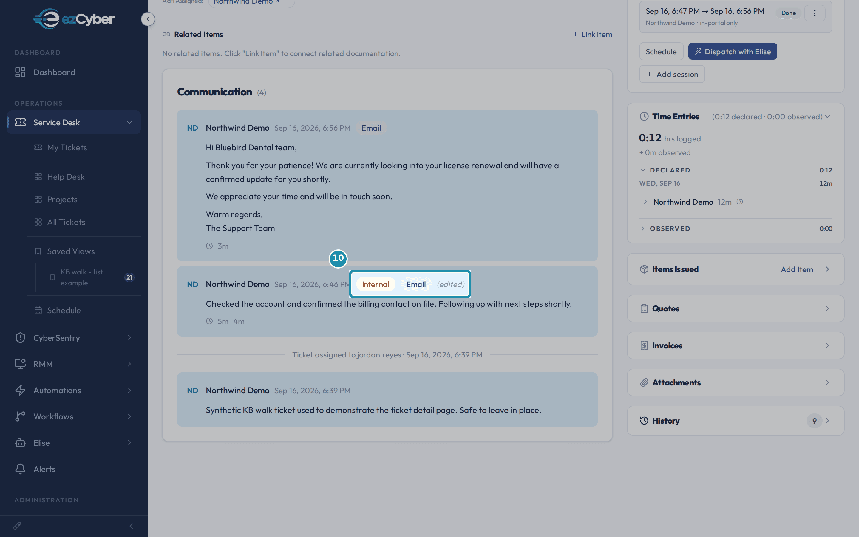 A reply bubble now showing an Internal tag and an (edited) label after being saved.