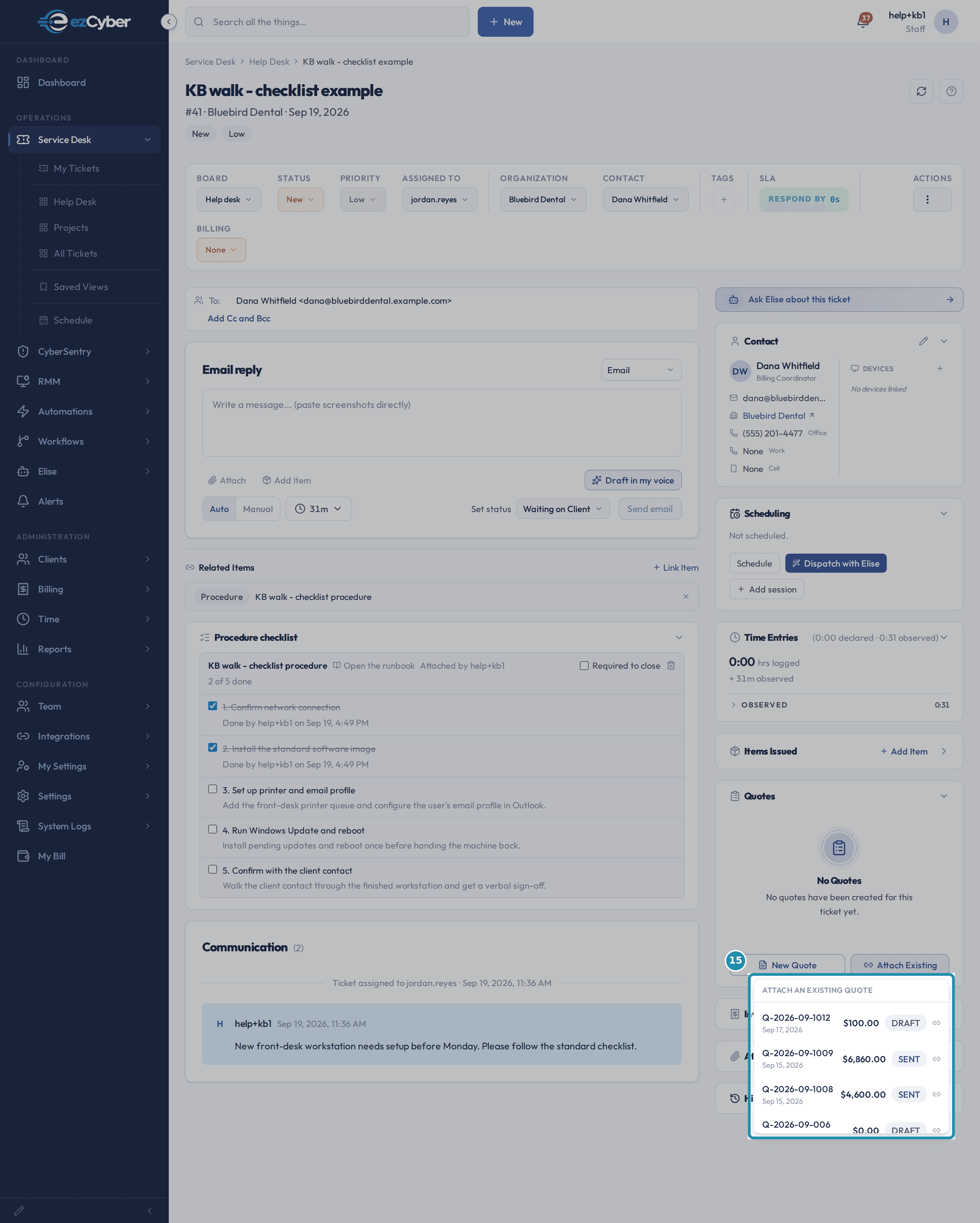 The Attach an existing quote picker open on a ticket, listing the client's four unattached quotes with their status and amount.