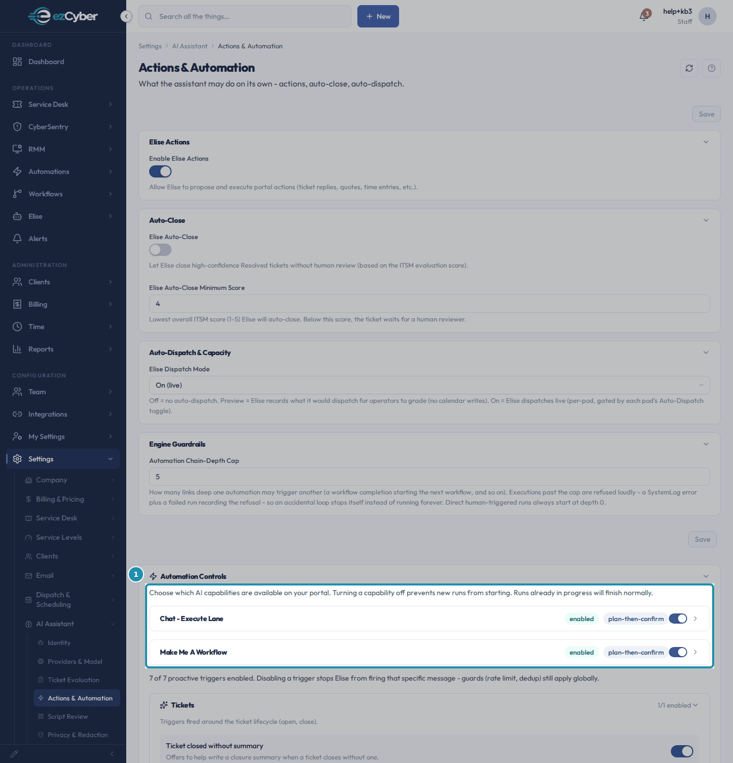 The Automation Controls card's Chat - Execute Lane and Make Me A Workflow rows, both enabled with plan-then-confirm and their toggles on.