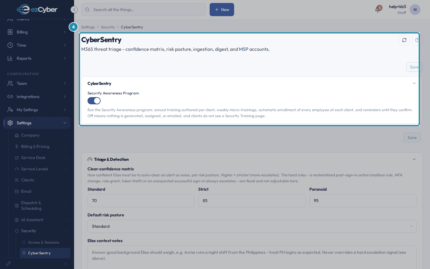 The CyberSentry settings page header, subtitle listing confidence matrix, risk posture, ingestion, digest and MSP accounts, and the Security Awareness Program card.