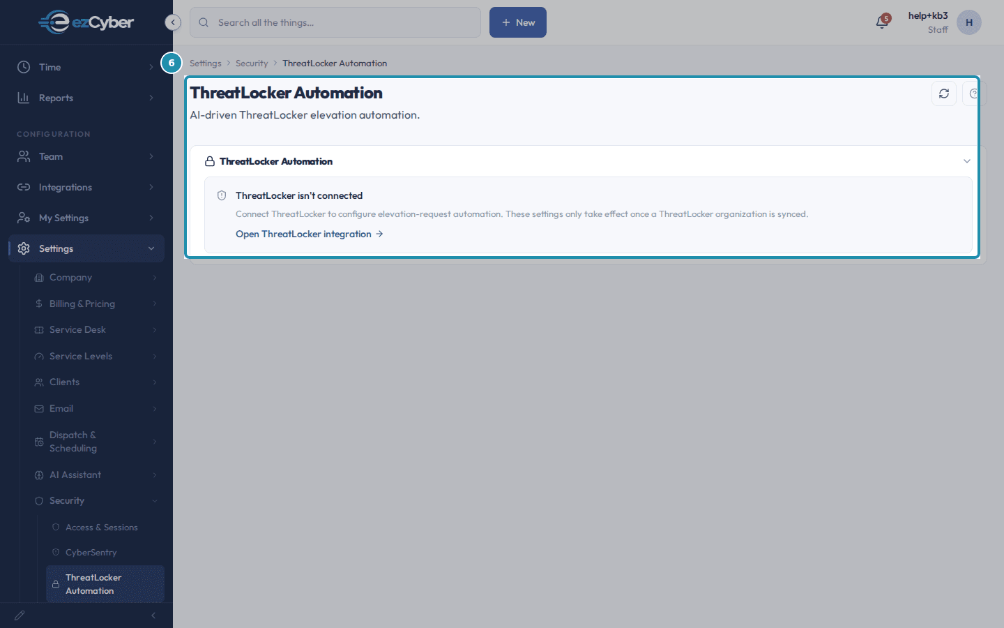 The ThreatLocker Automation page showing a lock icon and a ThreatLocker isn't connected notice, with an Open ThreatLocker integration link.
