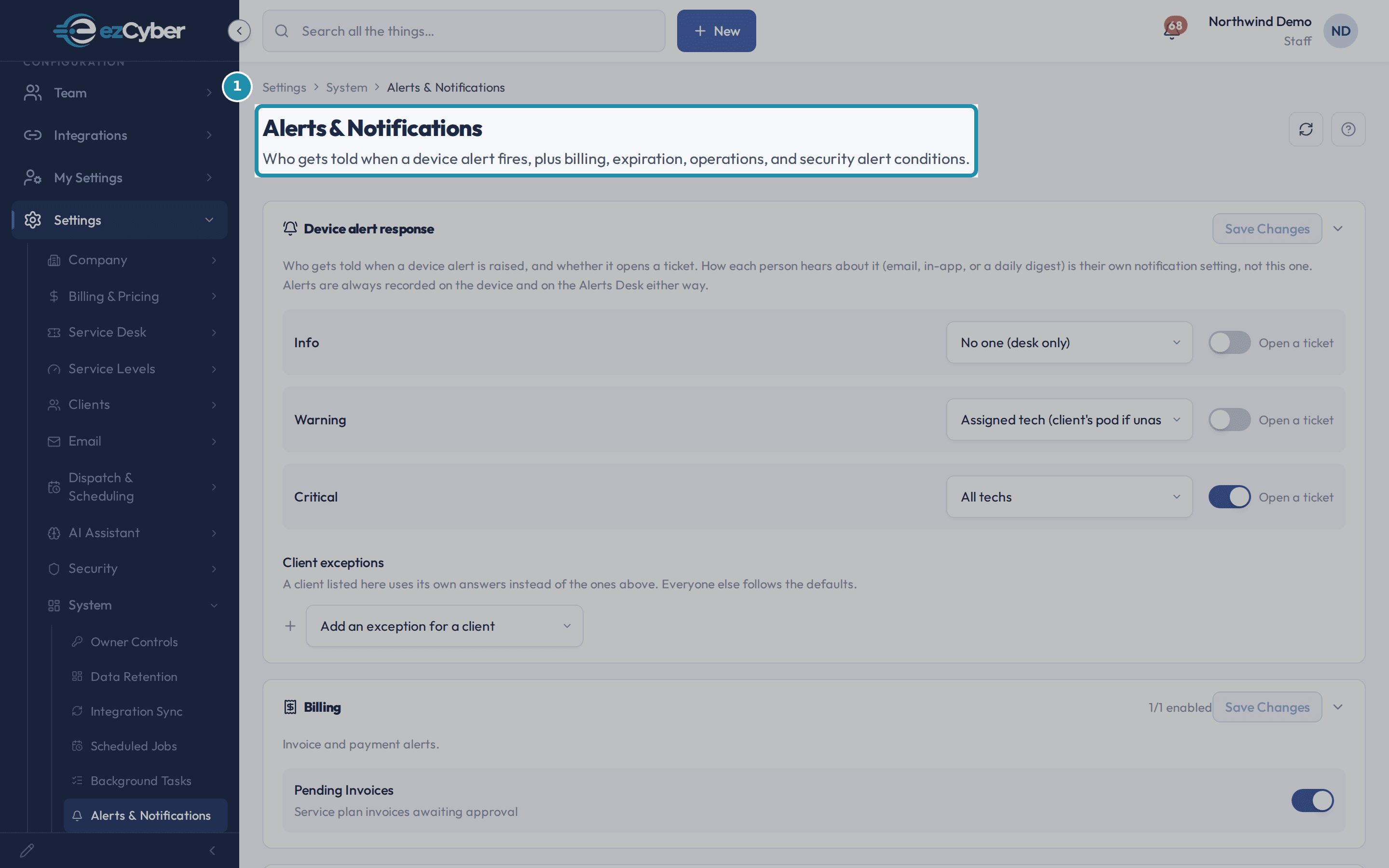 The Alerts & Notifications page header, breadcrumbed Settings > System > Alerts & Notifications, with the subtitle describing device alerts plus billing, expiration, operations and security alert conditions.