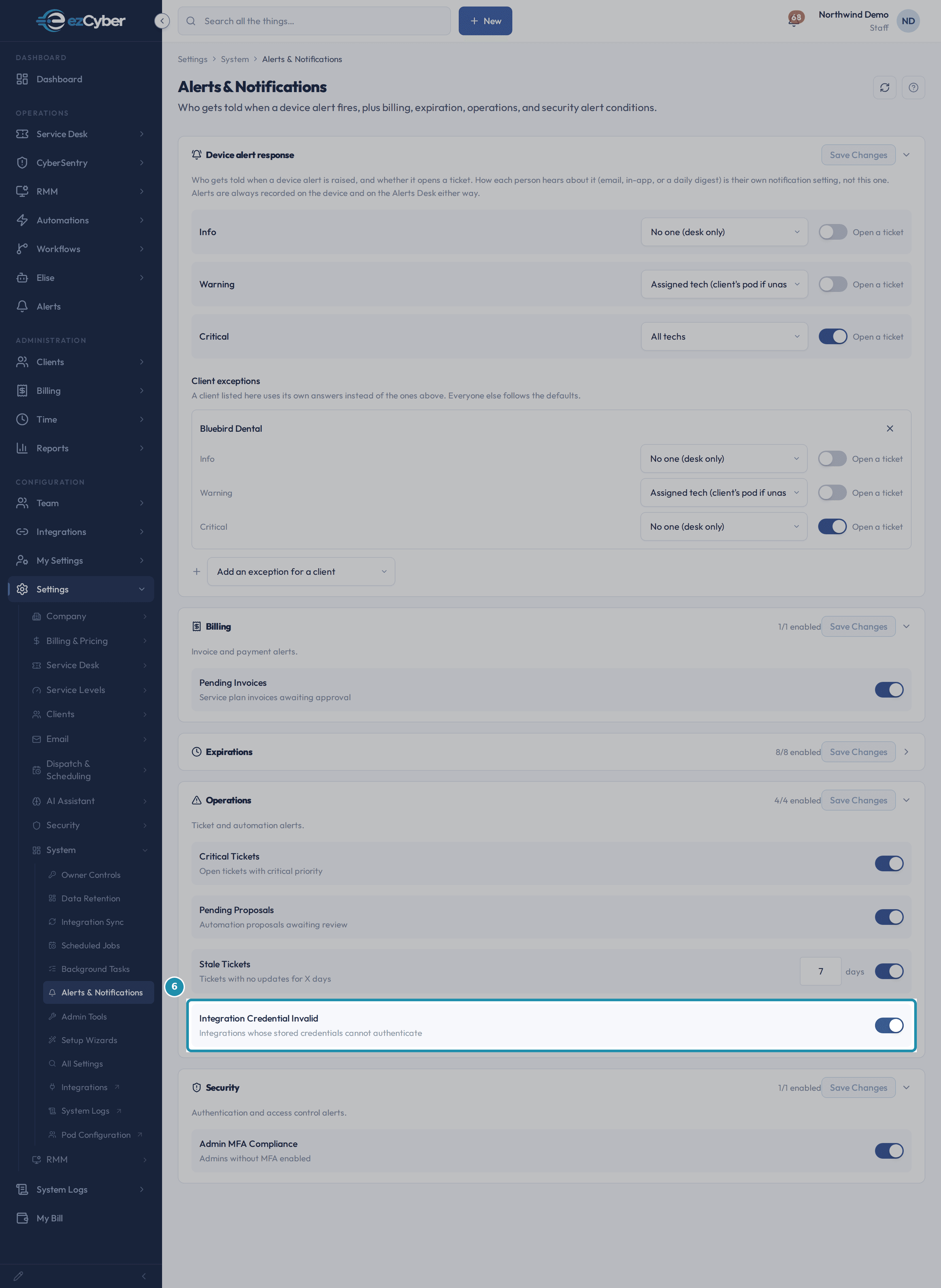 The Operations card's Integration Credential Invalid row, enabled, described as integrations whose stored credentials cannot authenticate.