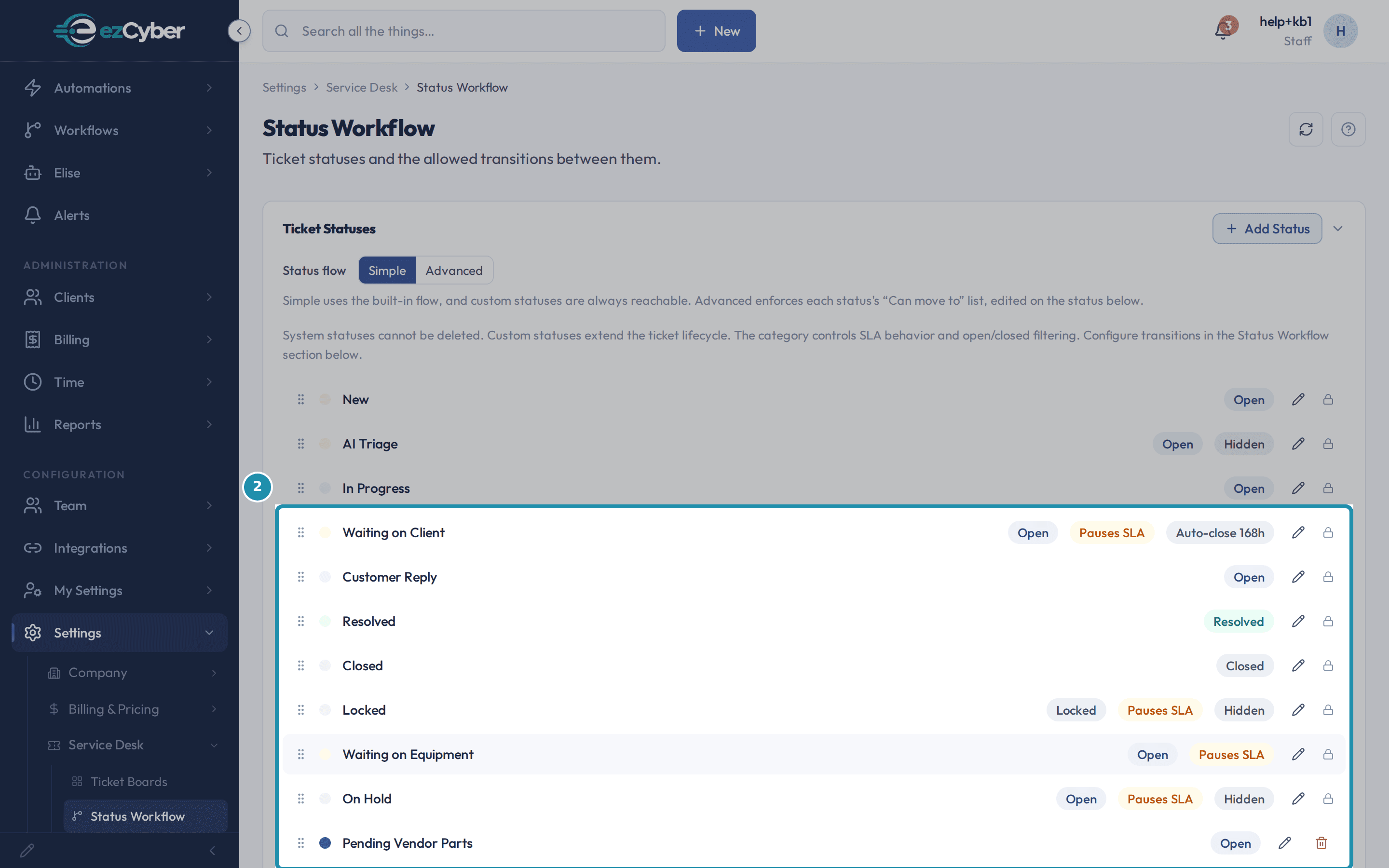 The Waiting on Client system status (Open category, Pauses SLA badge, lock icon) boxed together with a newly added custom status showing a trash icon instead of a lock.