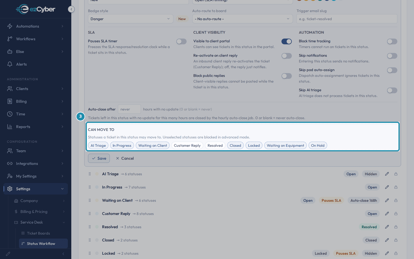 The Can move to chip list inside the New status's editor in Advanced mode, showing which statuses a ticket in New may move to next.