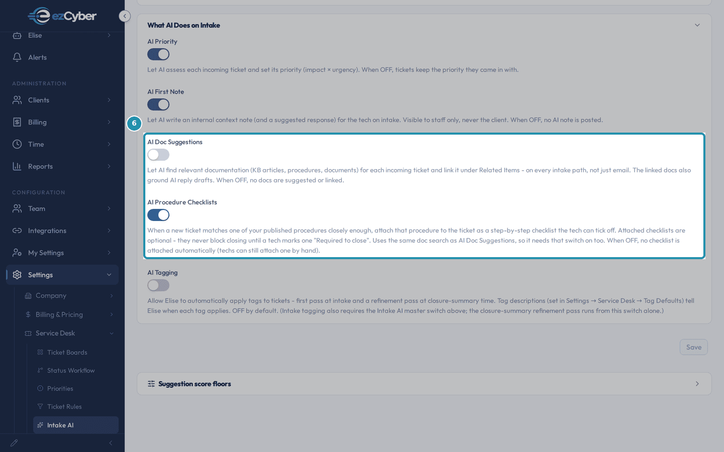 AI Doc Suggestions switched off while AI Procedure Checklists directly below it stays switched on.