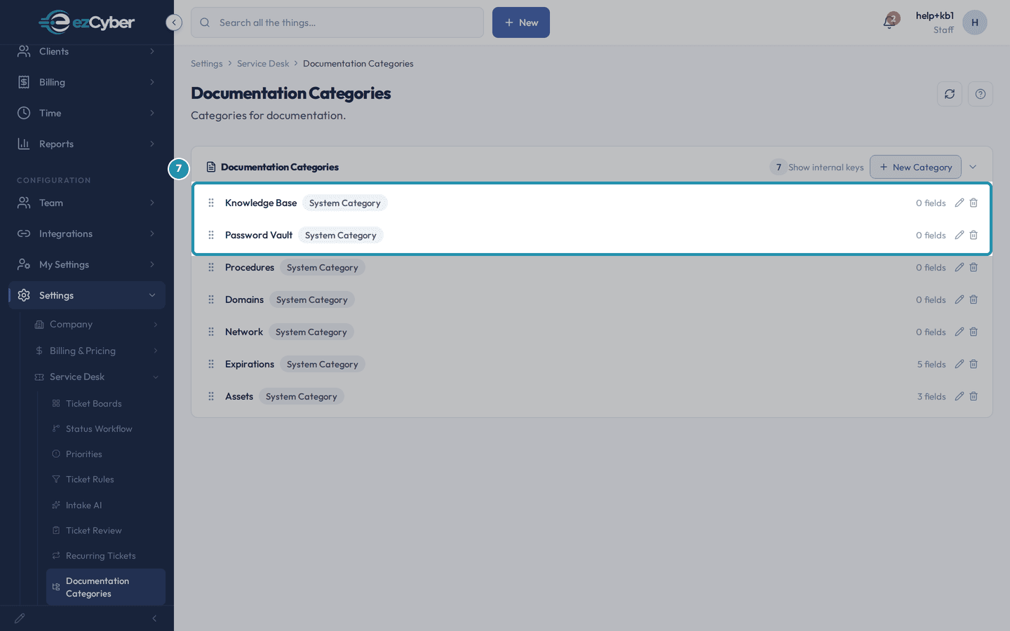 The Knowledge Base and Password Vault documentation categories, each with a System Category badge.