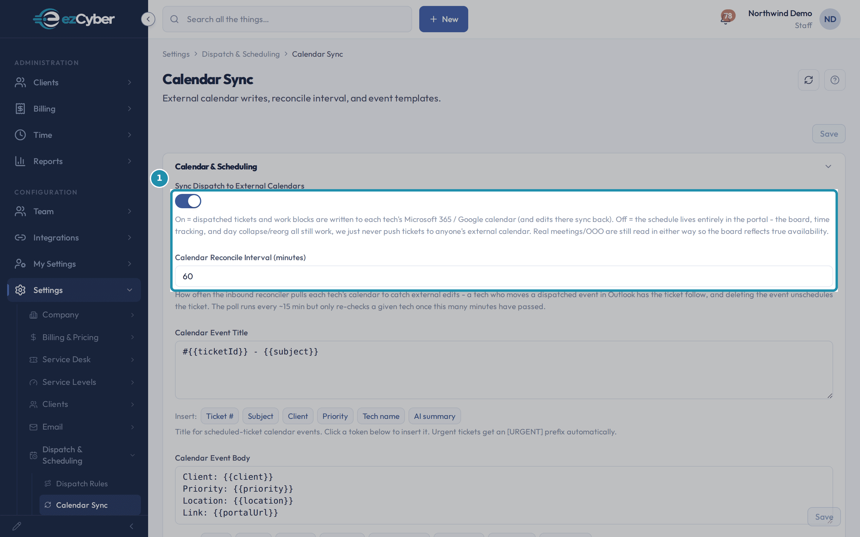Sync Dispatch to External Calendars and Calendar Reconcile Interval on the Calendar Sync page, boxed, showing the toggle on and the interval set to its default of 60.
