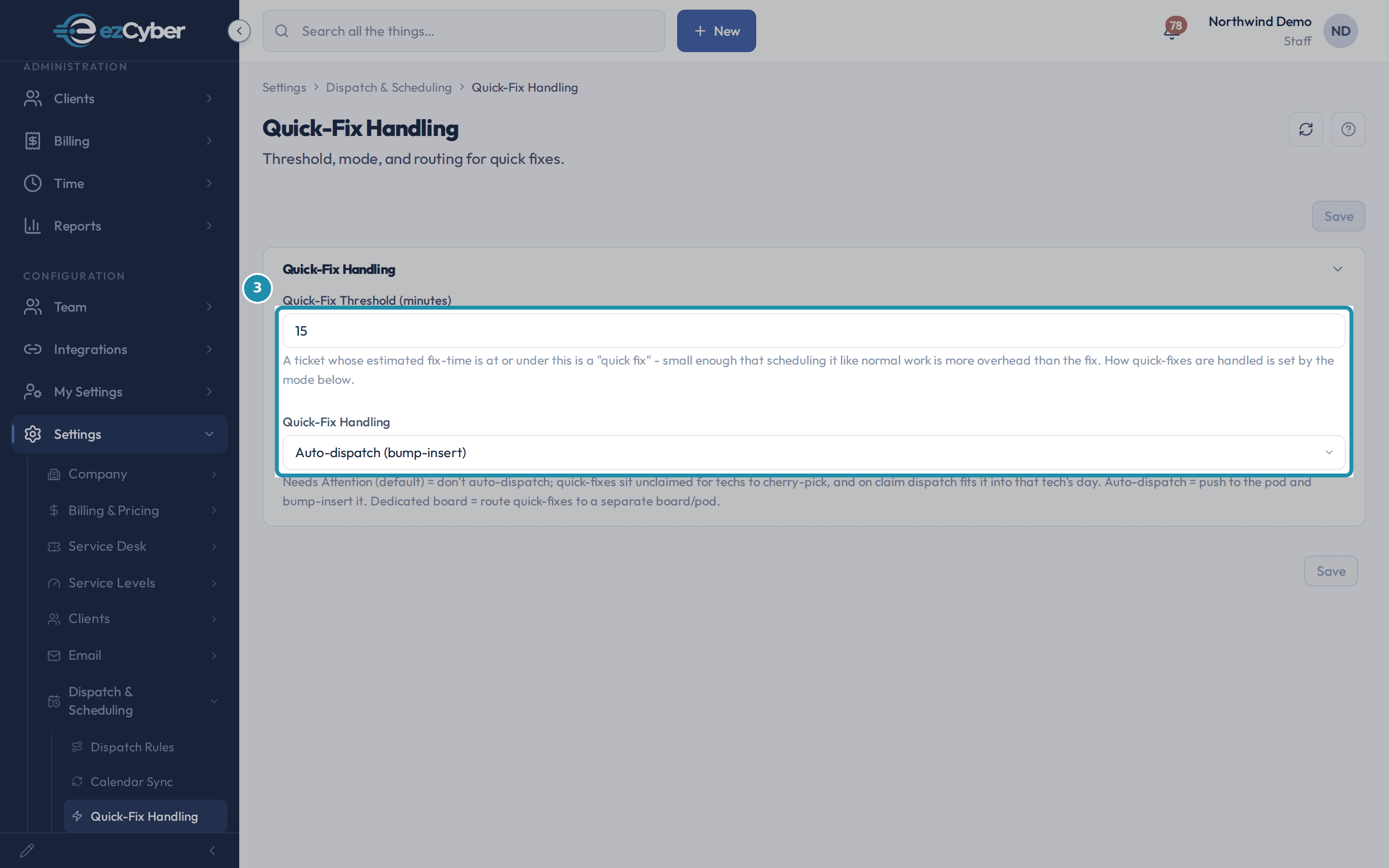 Quick-Fix Threshold and Quick-Fix Handling on the Quick-Fix Handling page, boxed, showing the threshold at 15 and the mode changed to Auto-dispatch (bump-insert).