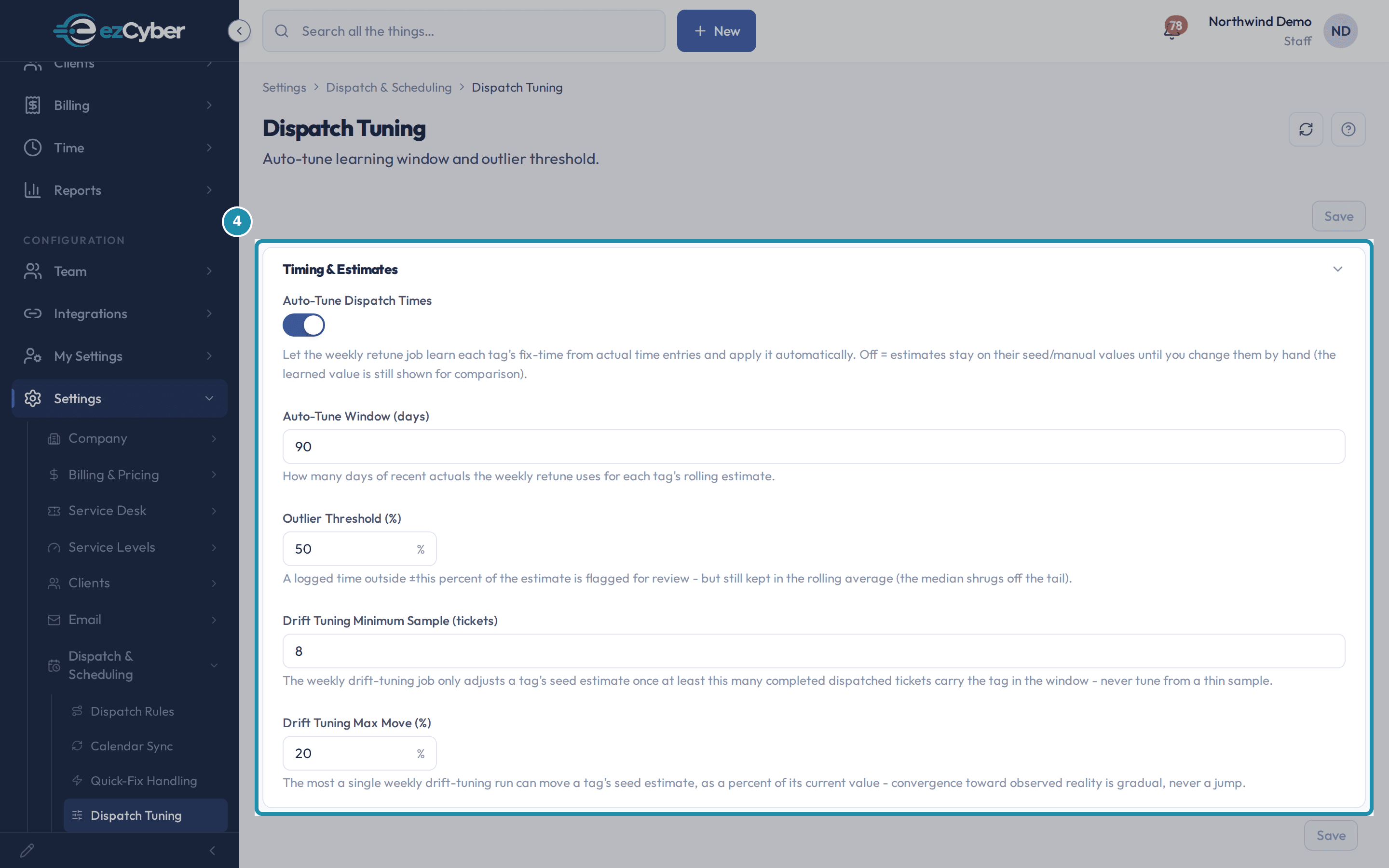 The Timing & Estimates card on the Dispatch Tuning page, boxed, showing Auto-Tune Dispatch Times on and its four supporting fields at their defaults of 90, 50, 8, and 20.