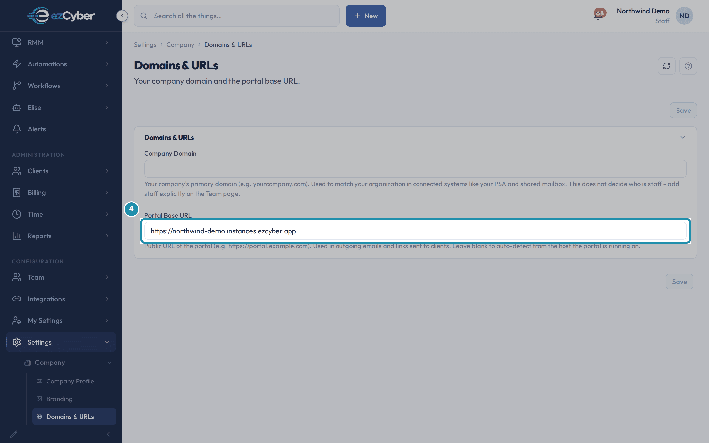 The Domains & URLs page's Portal Base URL field, boxed, showing the tenant's own detected portal address.