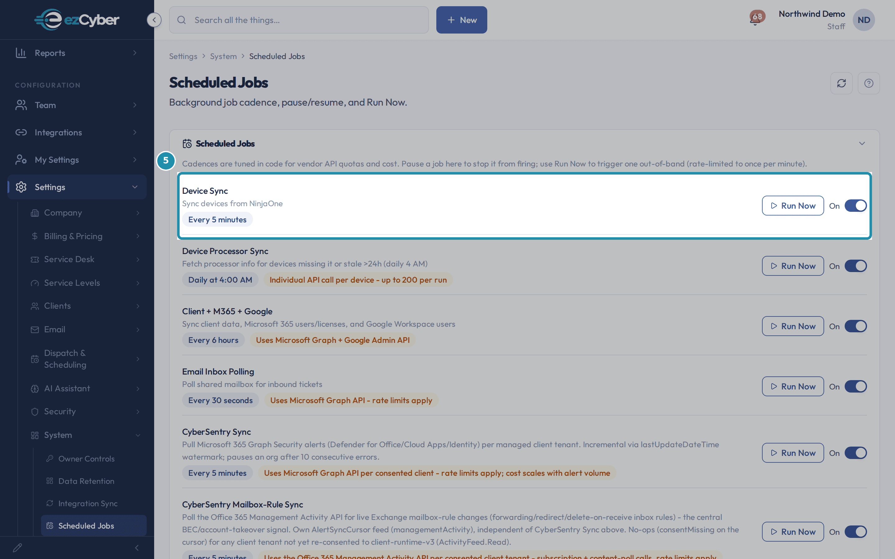 The Scheduled Jobs list with the Device Sync row boxed, showing its Every 5 minutes cadence, On toggle, and Run Now button, with Email Inbox Polling's Every 30 seconds row visible below it.