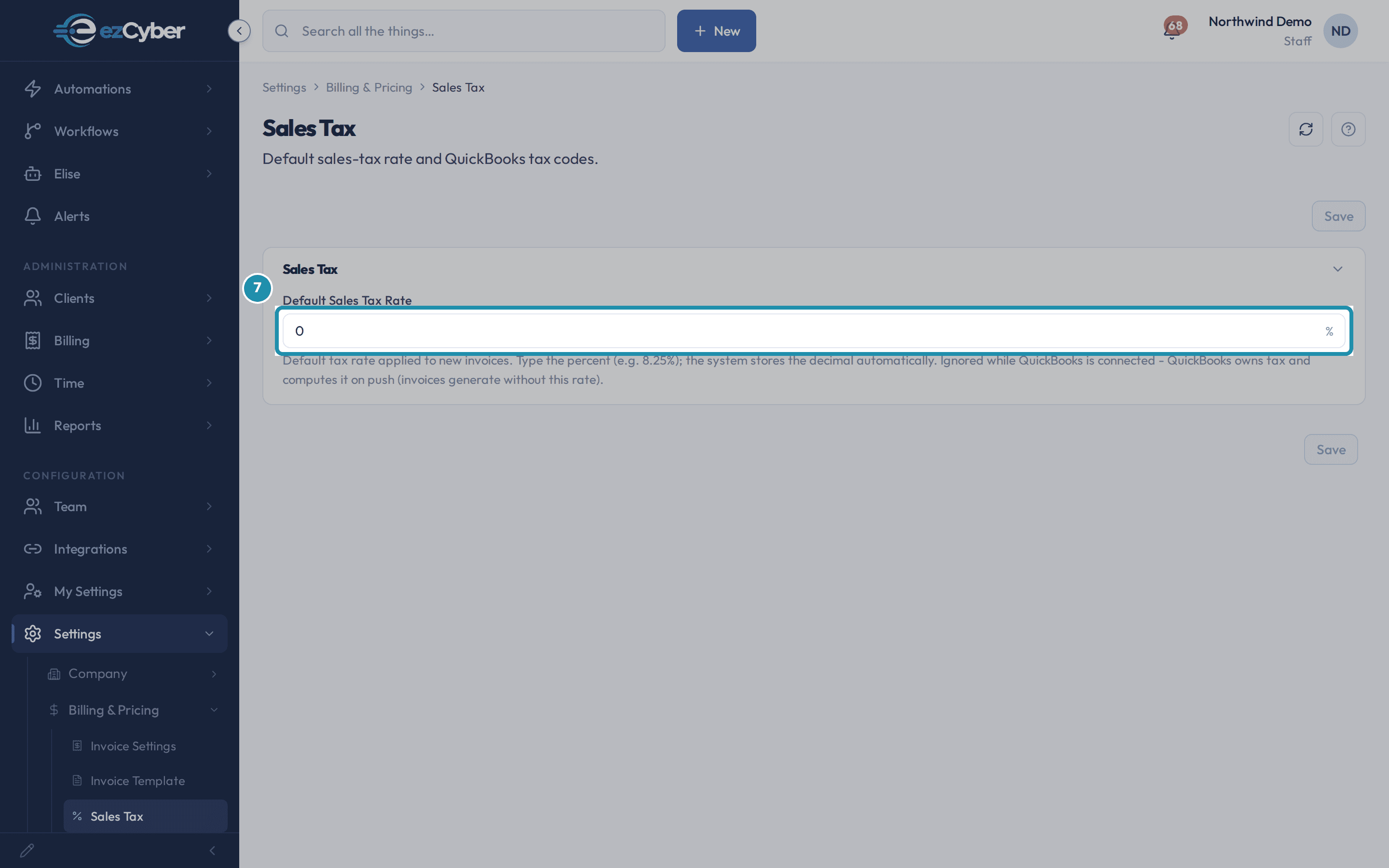 The Sales Tax page's Default Sales Tax Rate field, boxed, set to 0 percent.
