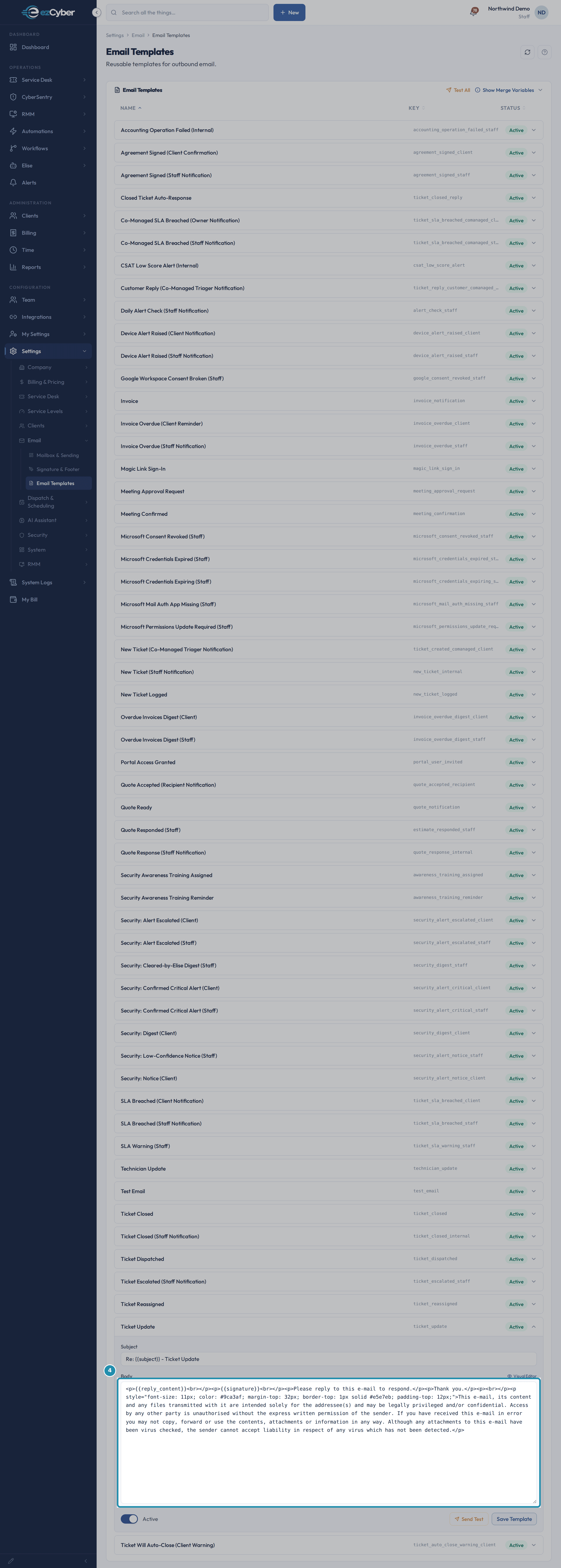 The Body field's HTML Source textarea, boxed, showing the Ticket Update template's raw HTML with merge variable tags.