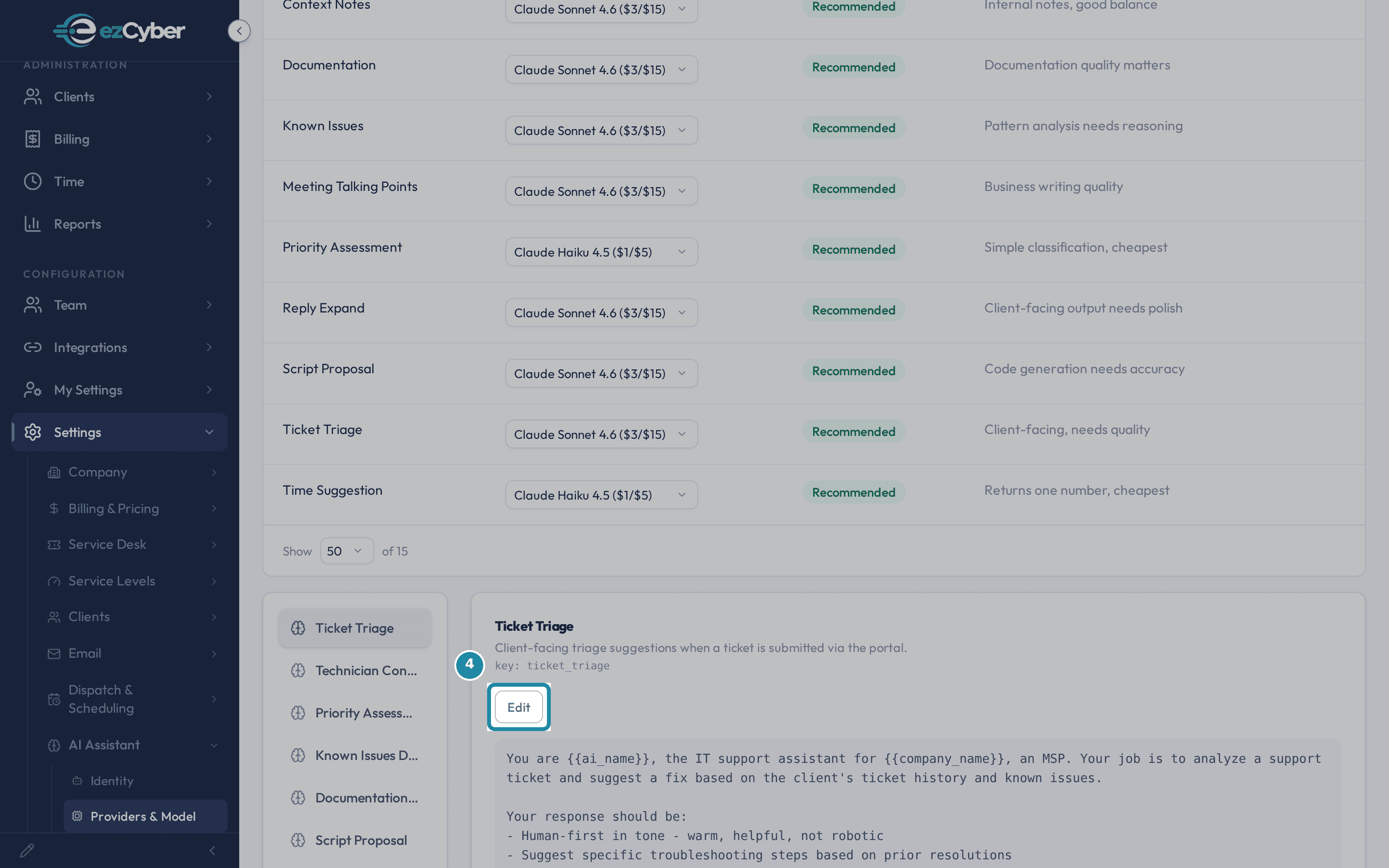 The Ticket Triage prompt card with its key, its default prompt text, and the Edit button.