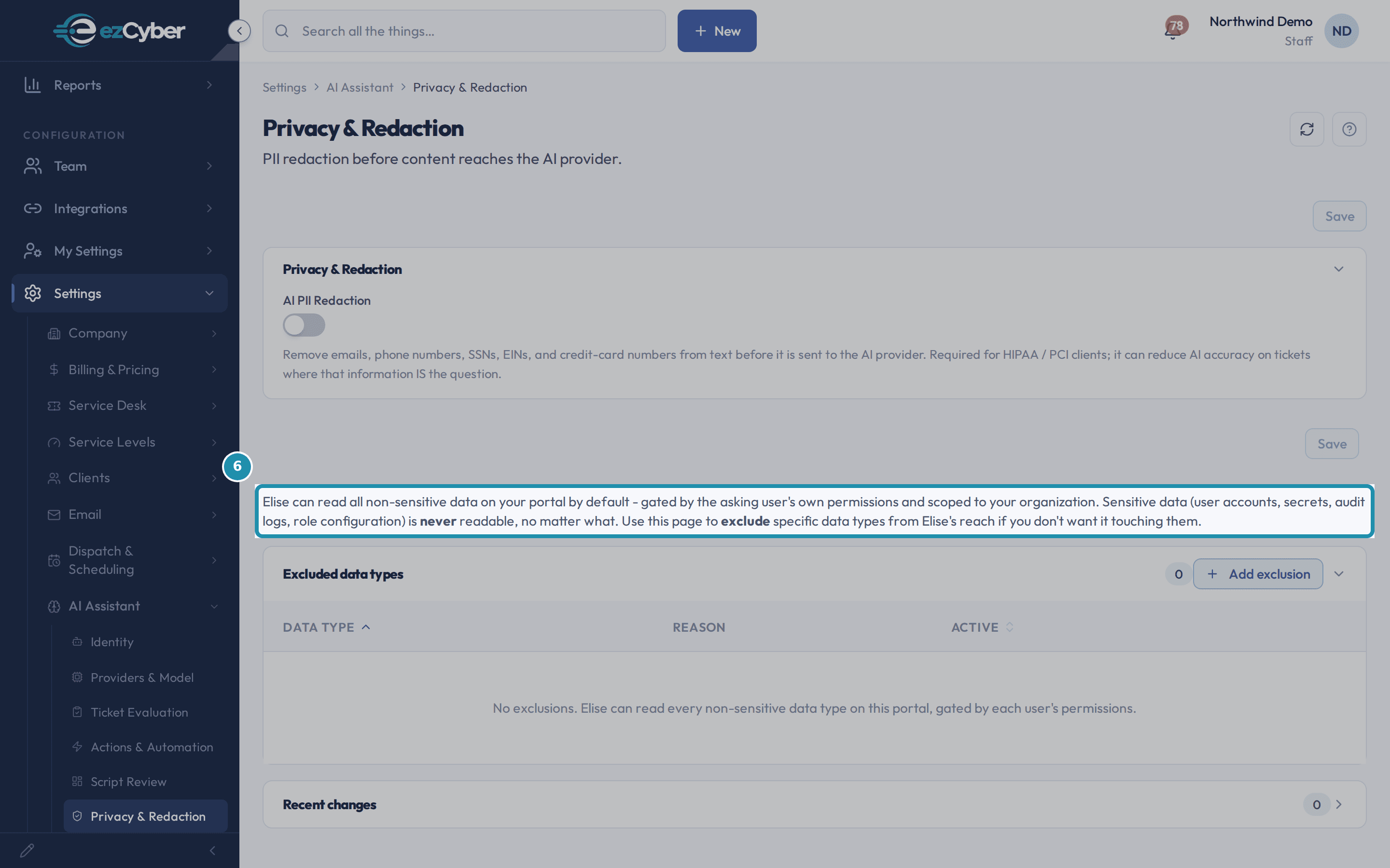 The sentence on the Privacy & Redaction page: Elise can read all non-sensitive data on your portal by default, with sensitive data marked never readable.
