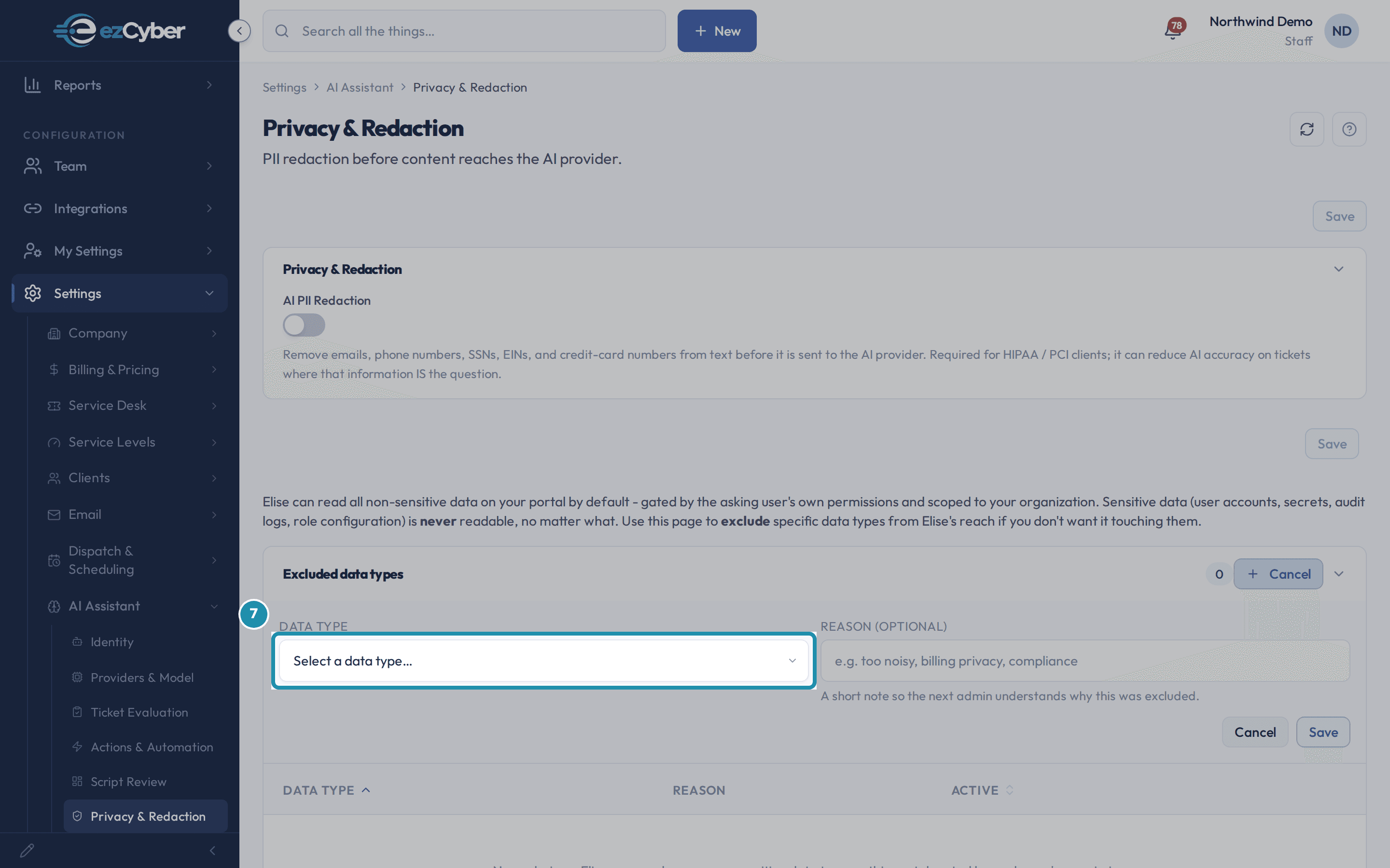 The Add exclusion form: an empty Data Type dropdown reading Select a data type…, and a Reason (optional) field.