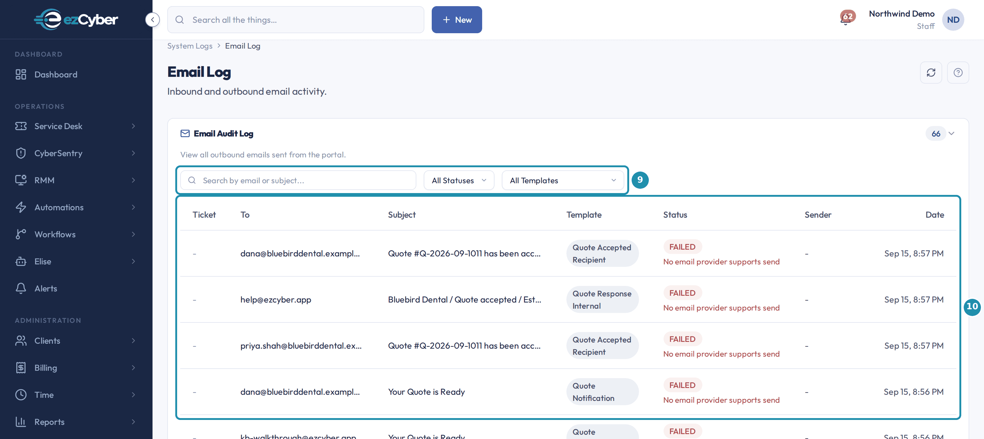 The Email Log page with numbered badges on its search and status and template filters and its table of outbound email rows.
