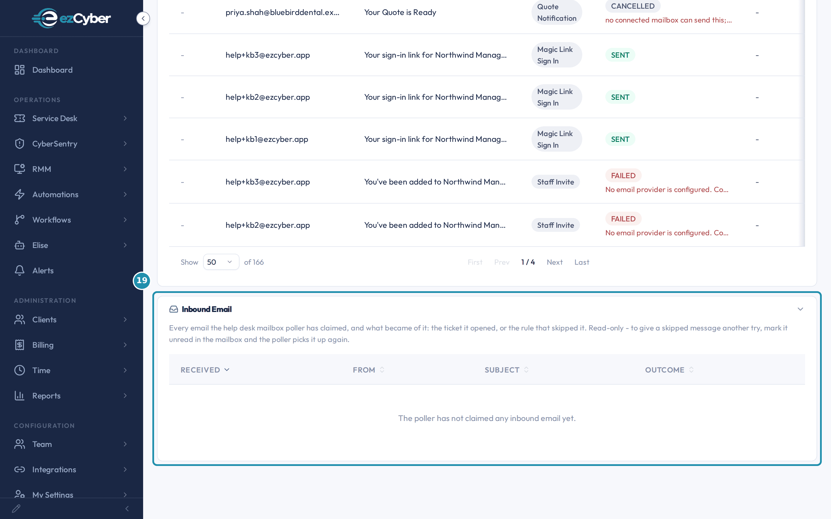 The Inbound Email card under the Email Log's outbound table, with a numbered badge, its Received, From, Subject, and Outcome columns, and the message that the poller has not claimed any inbound email yet.