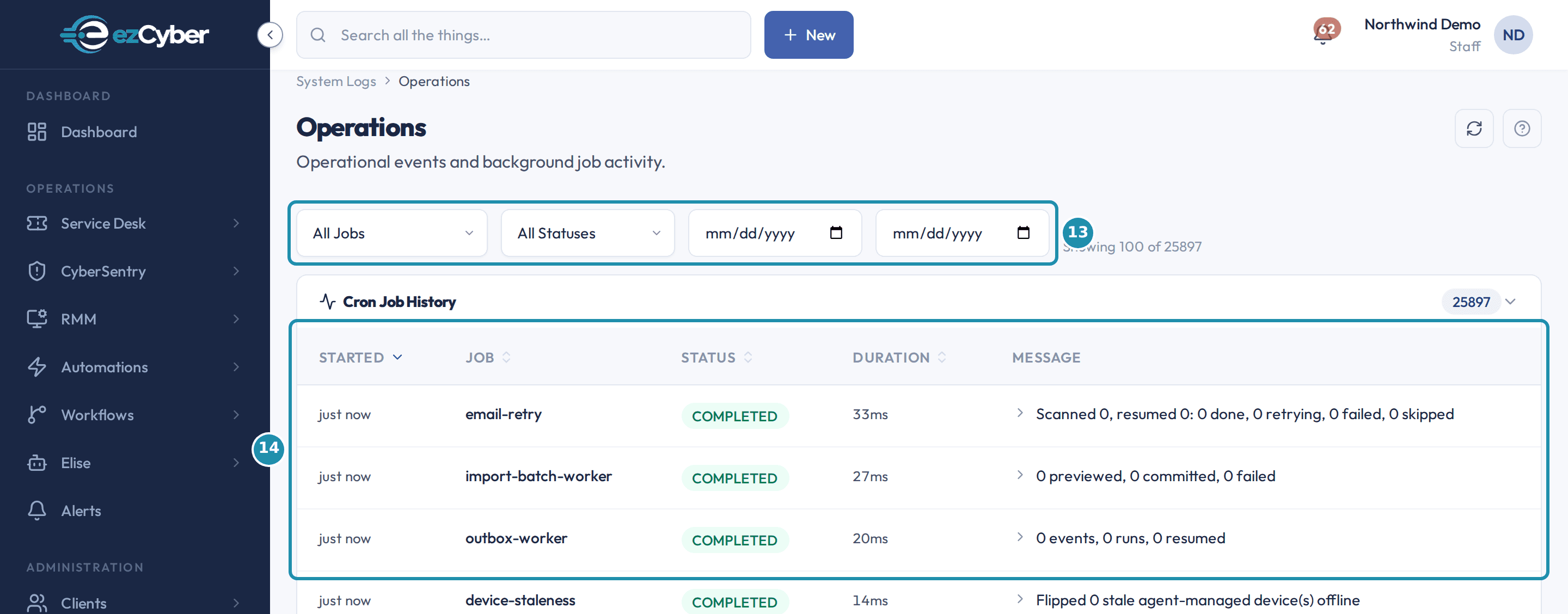 The Operations page with numbered badges on its Job, Status and date filters and the Cron Job History table.