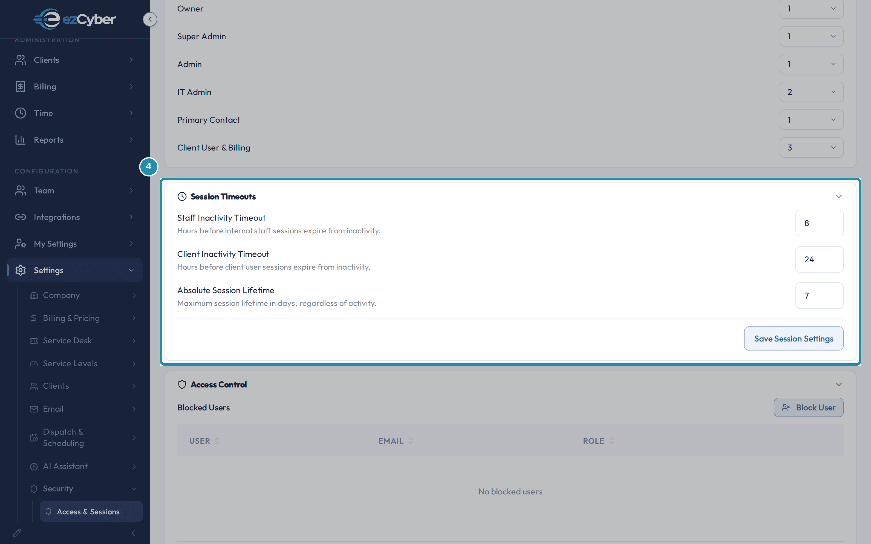 The Session Timeouts card with Staff Inactivity Timeout at 8, Client Inactivity Timeout at 24, Absolute Session Lifetime at 7, and a Save Session Settings button.