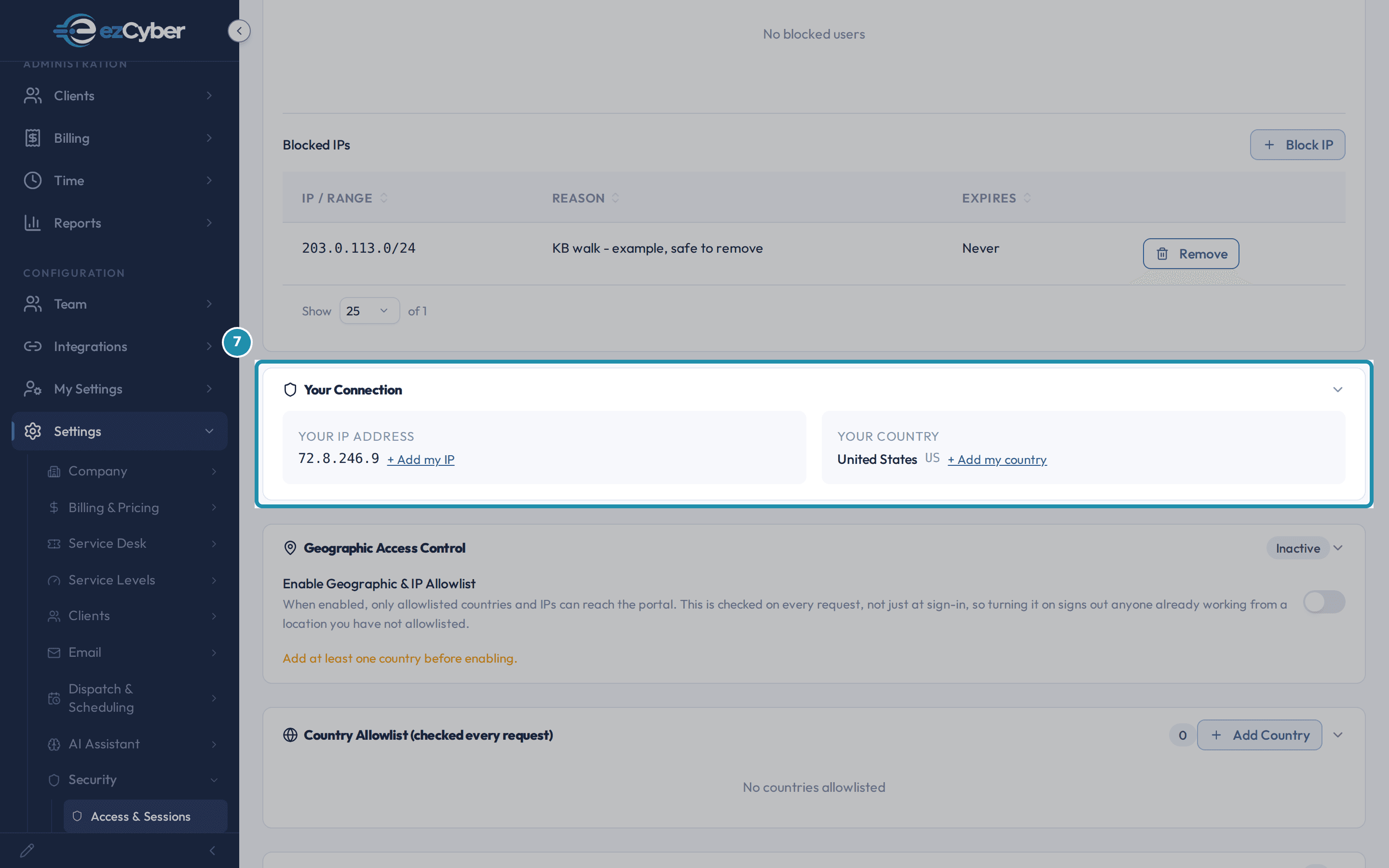 The Your Connection card showing IP address 72.8.246.9 and country United States, neither whitelisted, with Add my IP and Add my country links, and the Geographic Access Control card below marked Inactive.