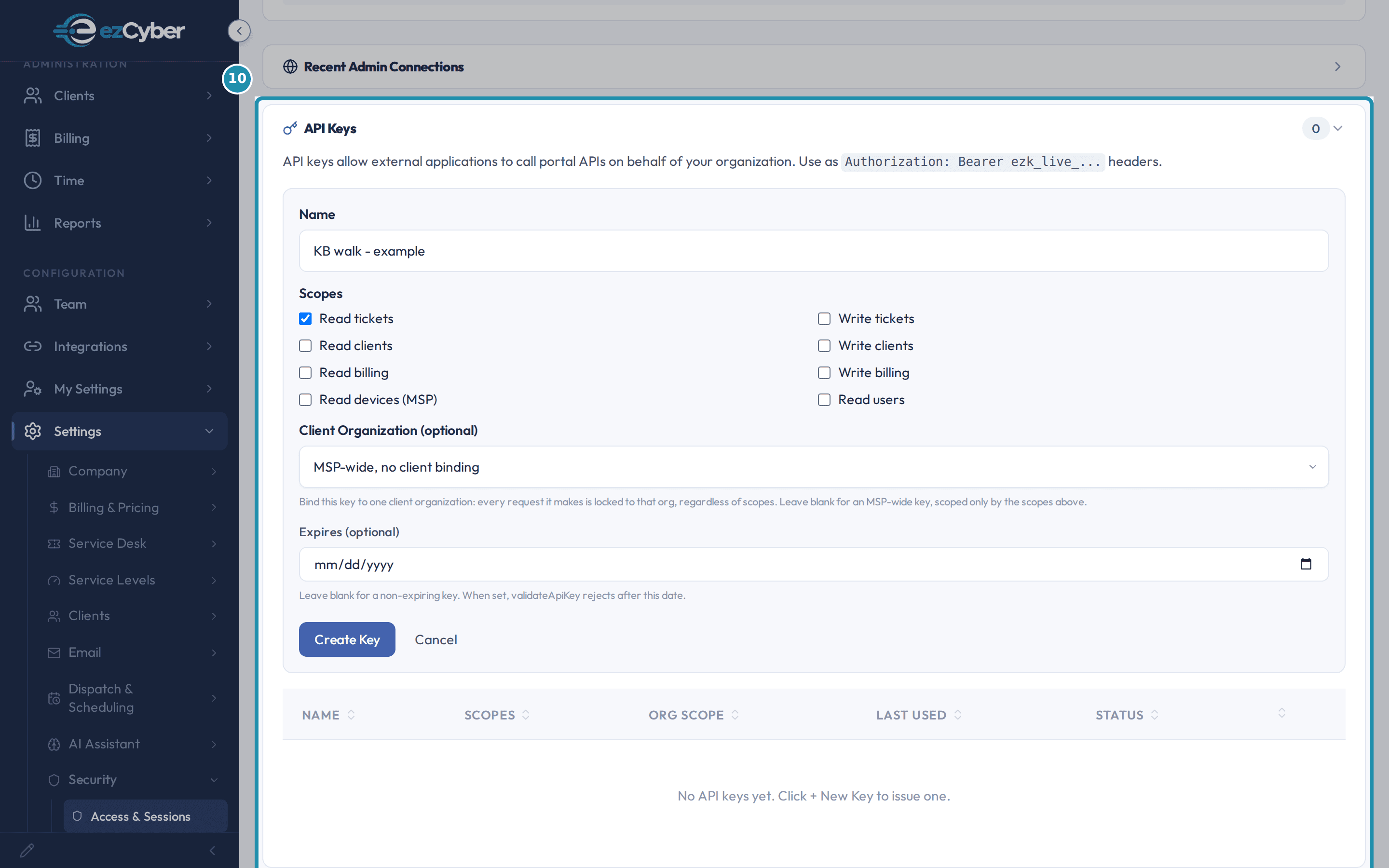 The New Key form with Name "KB walk - example," the Read tickets scope checked, Client Organization left at MSP-wide, and no rate-limit field anywhere on the form.