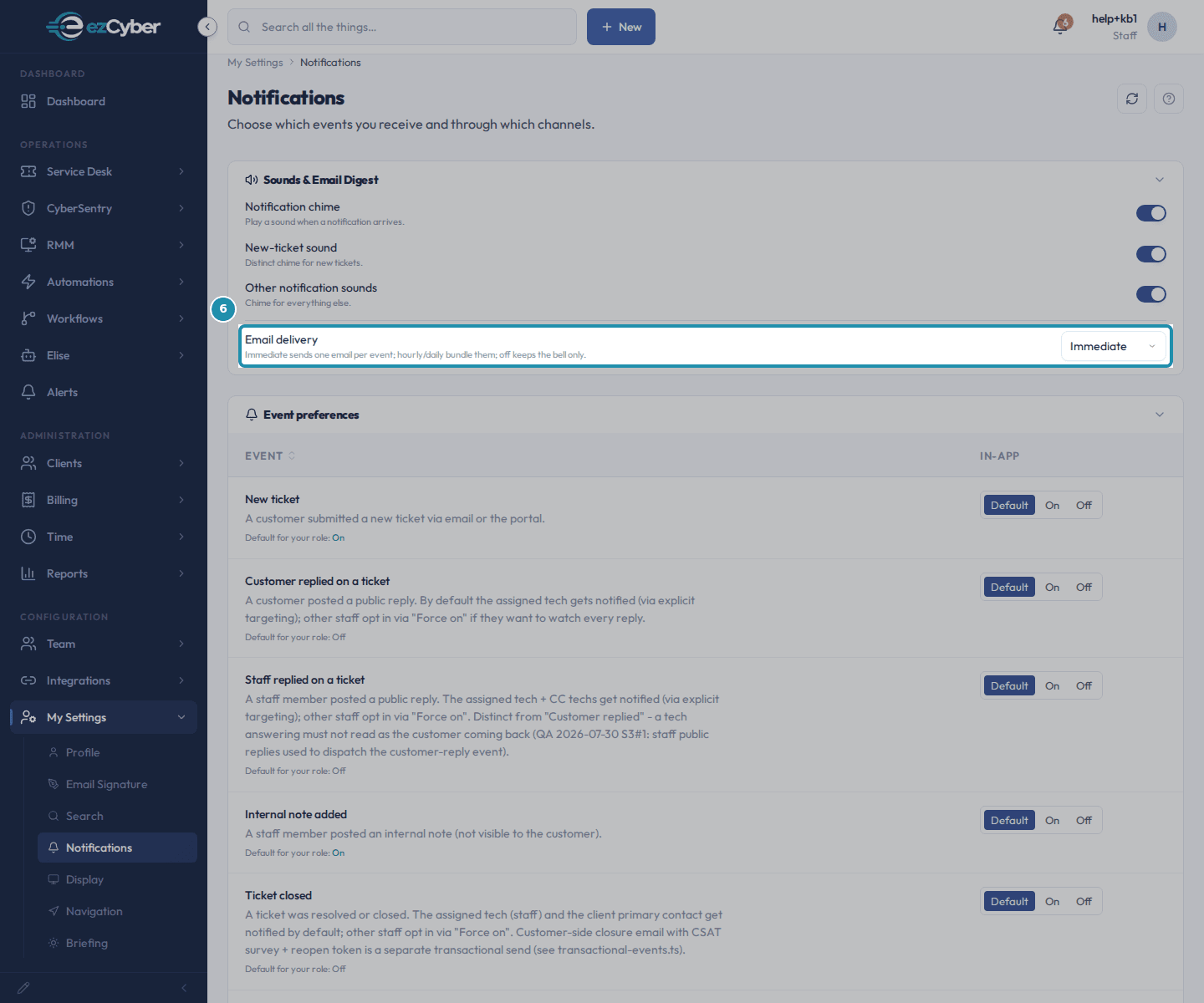 The Email delivery row set to Immediate, with its description reading Immediate sends one email per event, hourly or daily bundle them, off keeps the bell only.