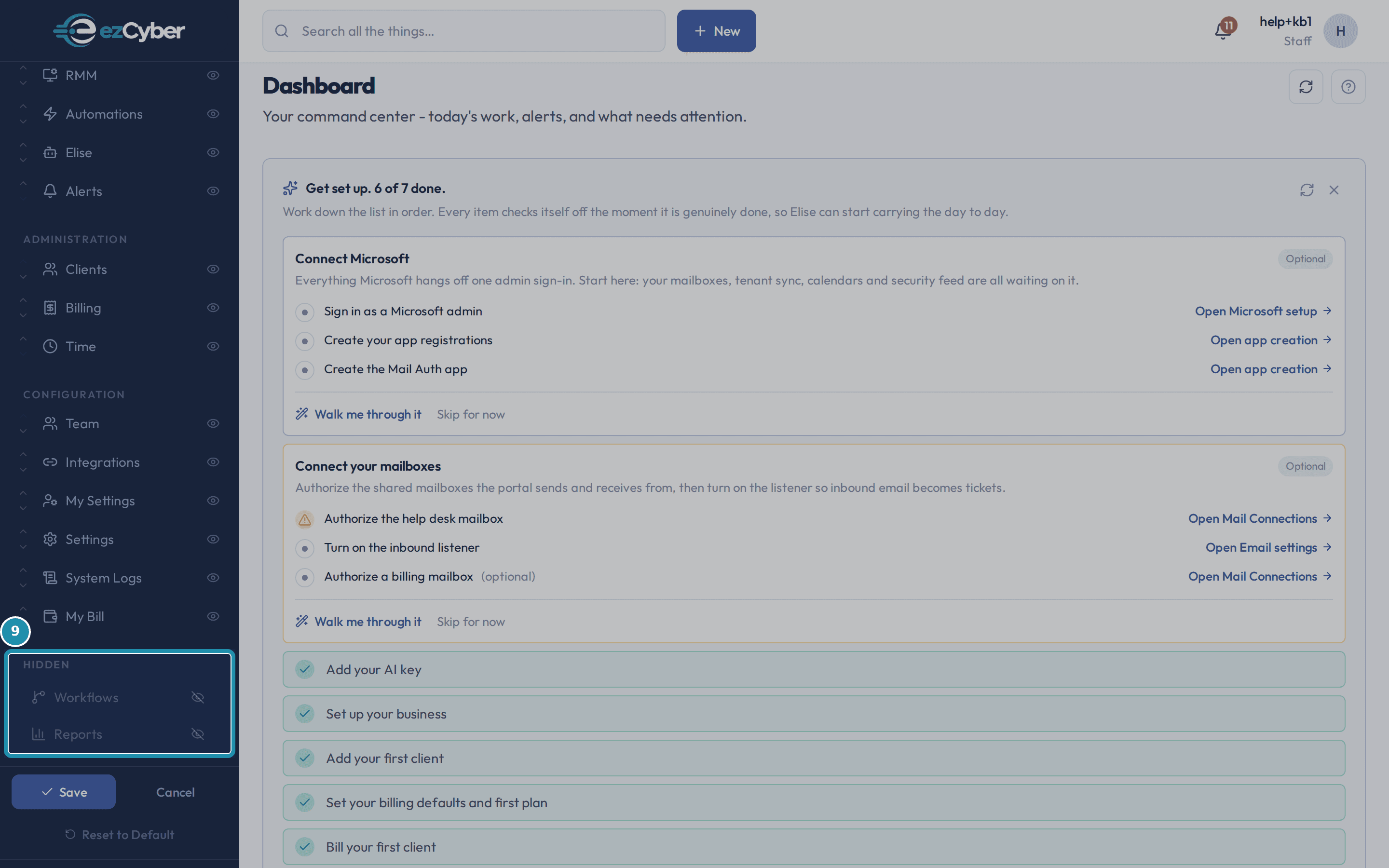The sidebar in edit mode with a Hidden heading at the bottom listing Workflows and Reports, each with a crossed-eye Show item button.