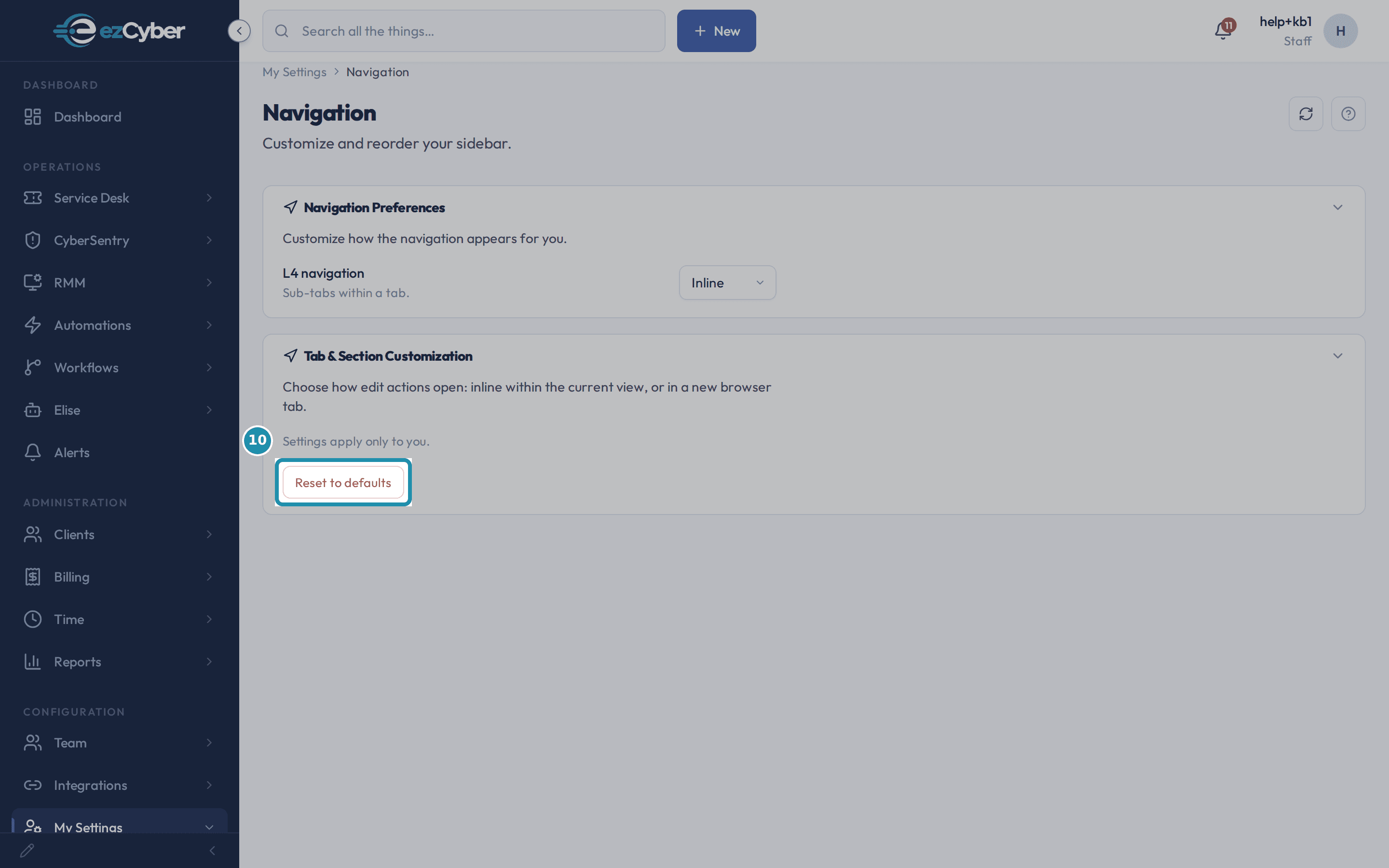 My Settings > Navigation with the Tab & Section Customization card and its Reset to defaults button highlighted.