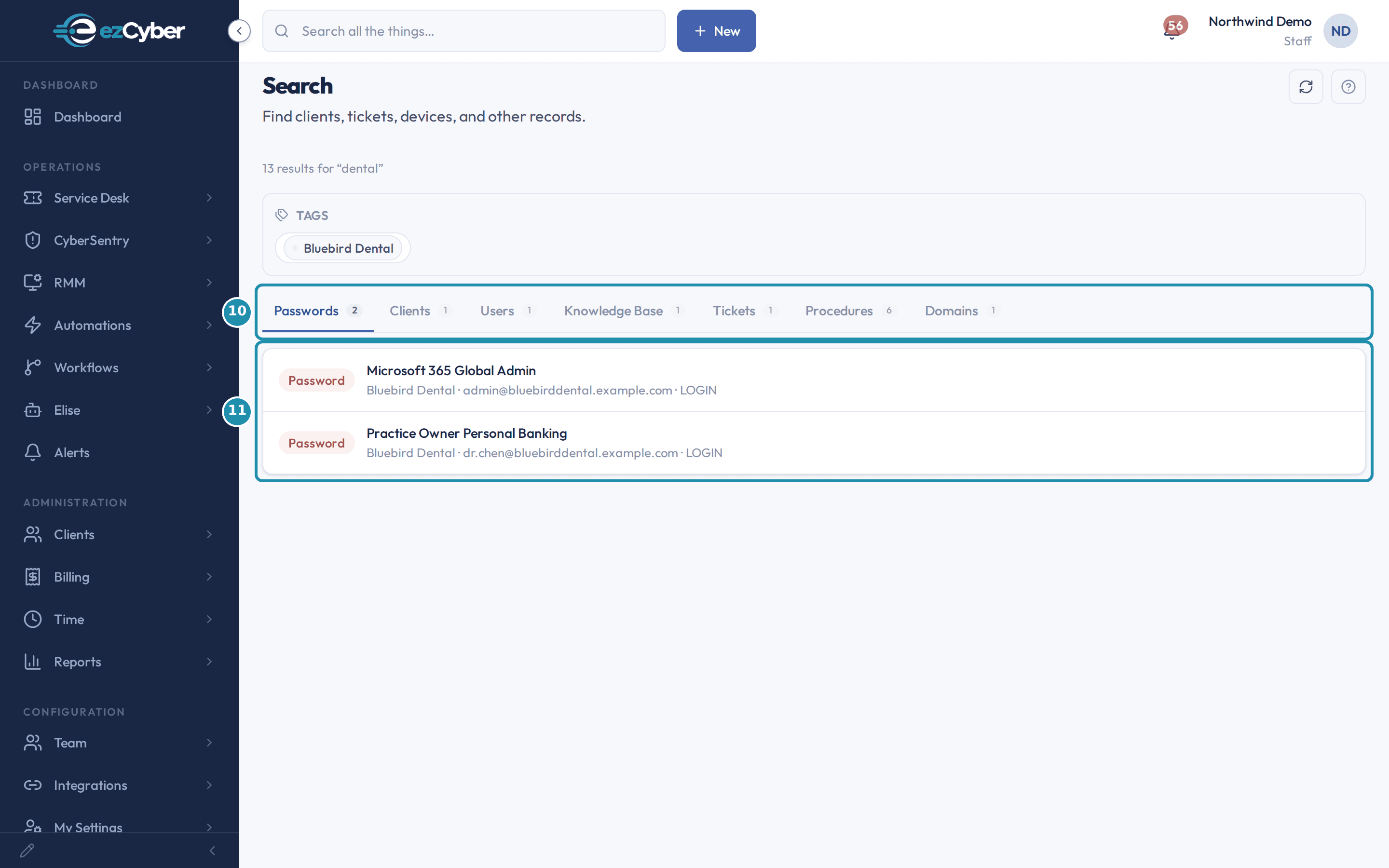 The dedicated Search page for the query dental, with a numbered badge on the category tabs bar and on the active tab's result list.