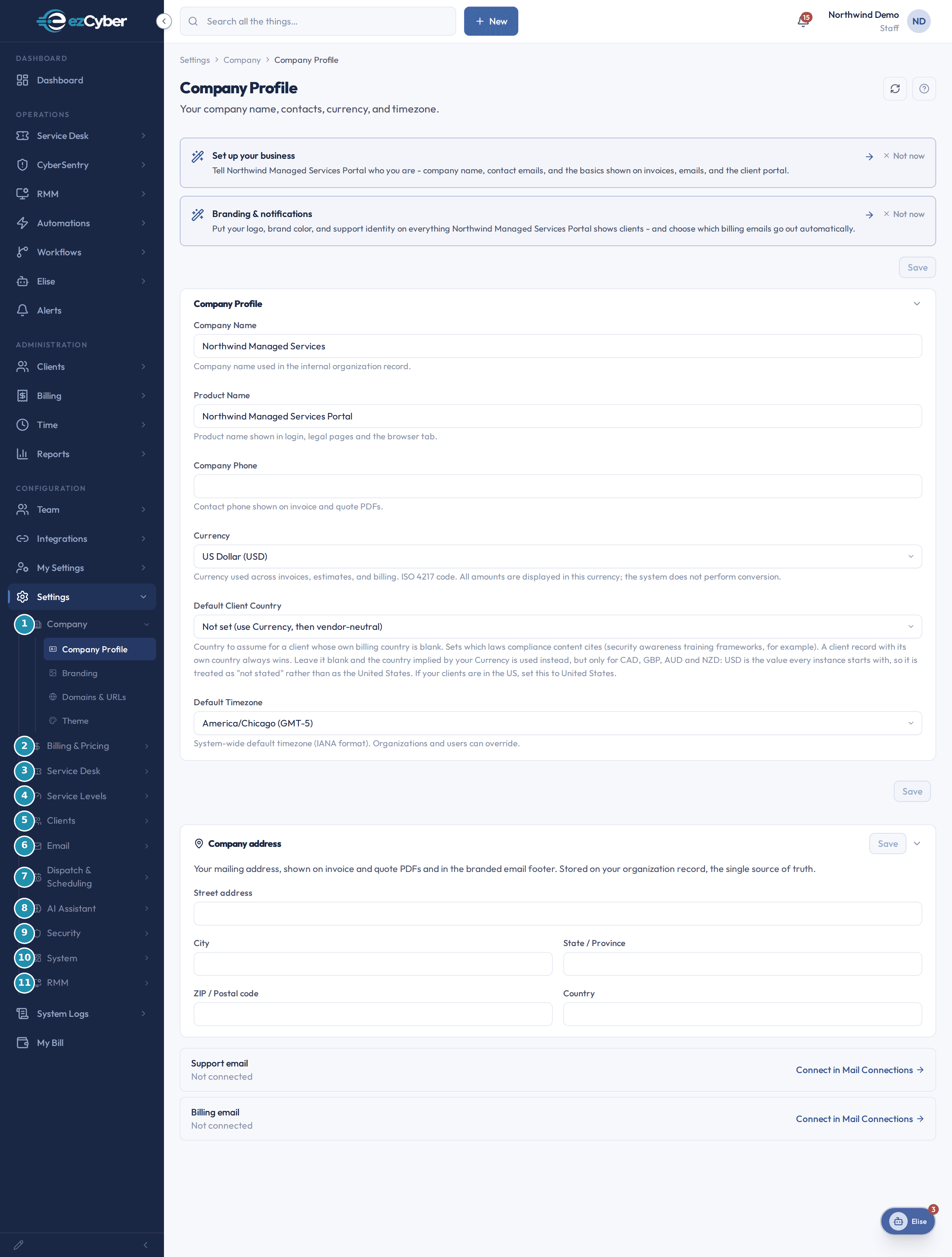 The Settings sidebar tree, fully expanded, with a numbered teal badge on each of the 11 settings groups: Company, Billing & Pricing, Service Desk, Service Levels, Clients, Email, Dispatch & Scheduling, AI Assistant, Security, System, and RMM.