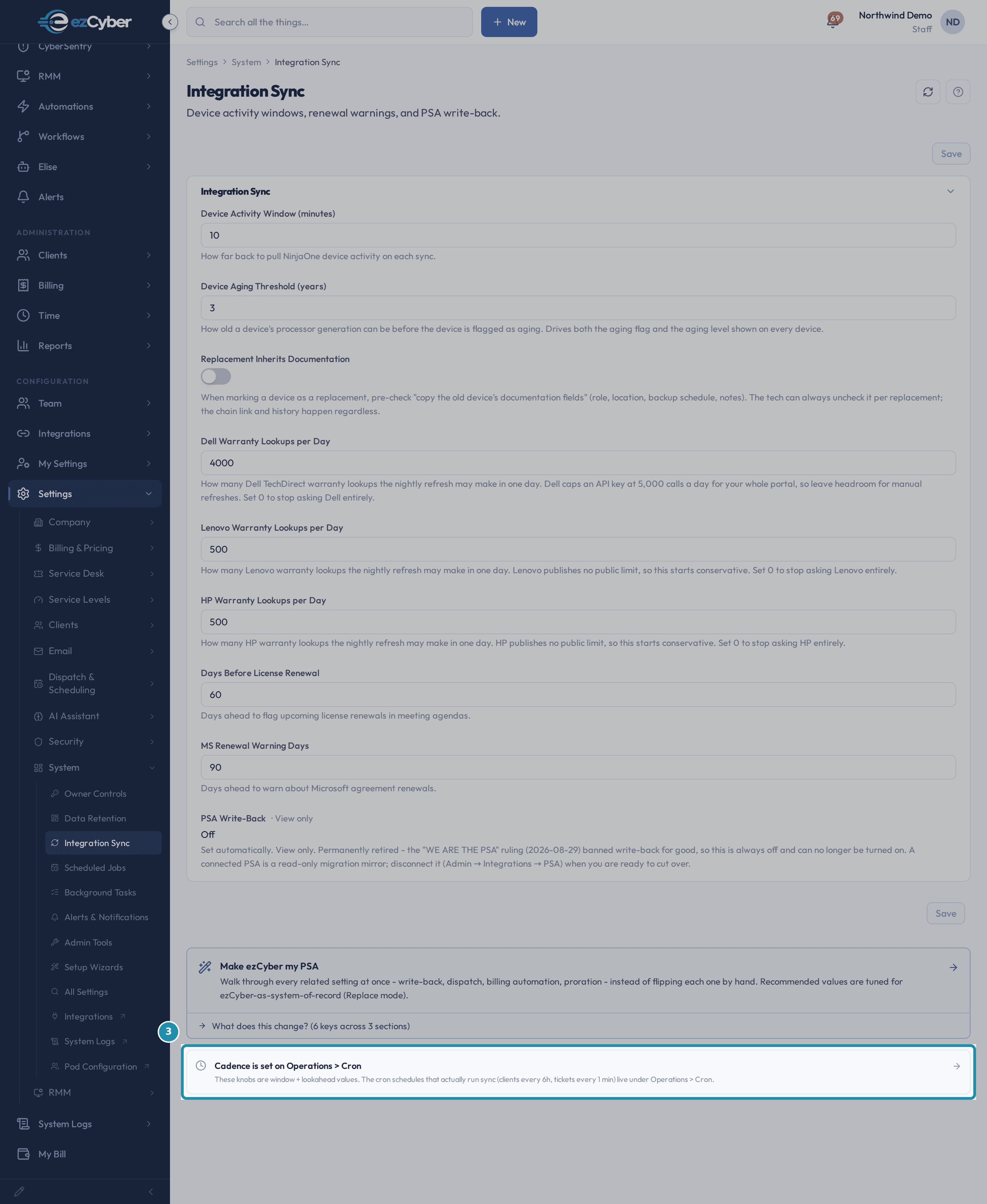 Integration Sync's bottom card, 'Cadence is set on Operations > Cron', explaining that the window and lookahead values above are separate from the cron schedules that actually run sync.