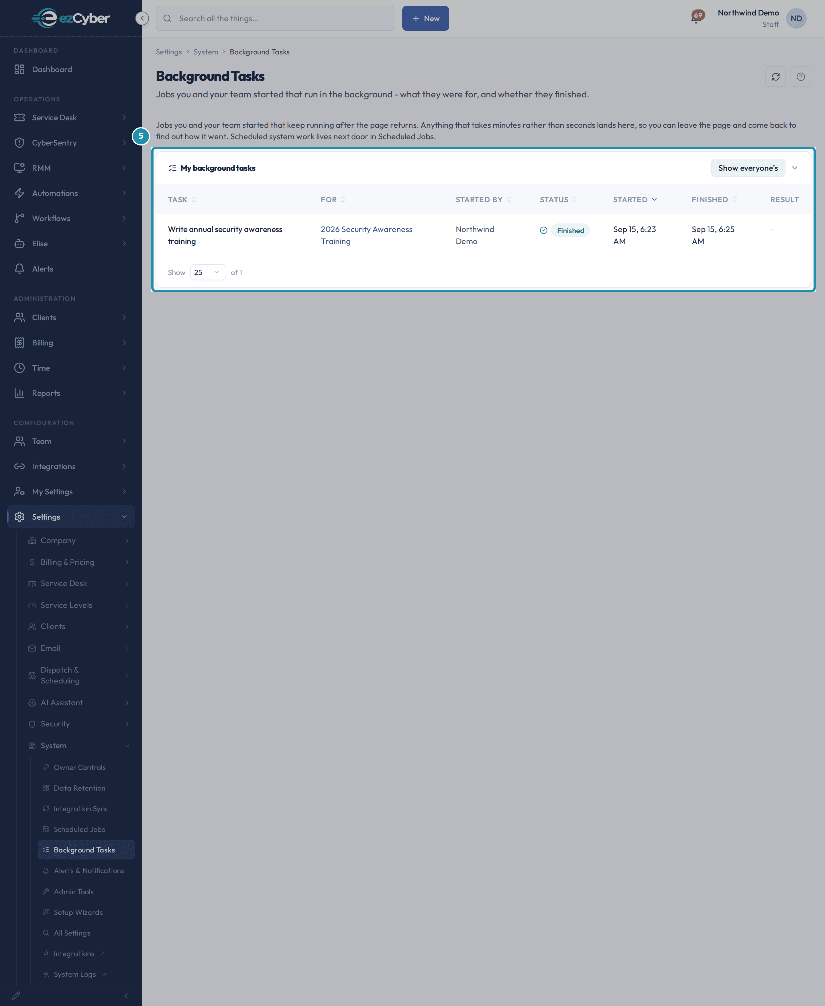 The My background tasks table with one row: Write annual security awareness training, for 2026 Security Awareness Training, started by Northwind Demo, status Finished, with a Show everyone's button top right.