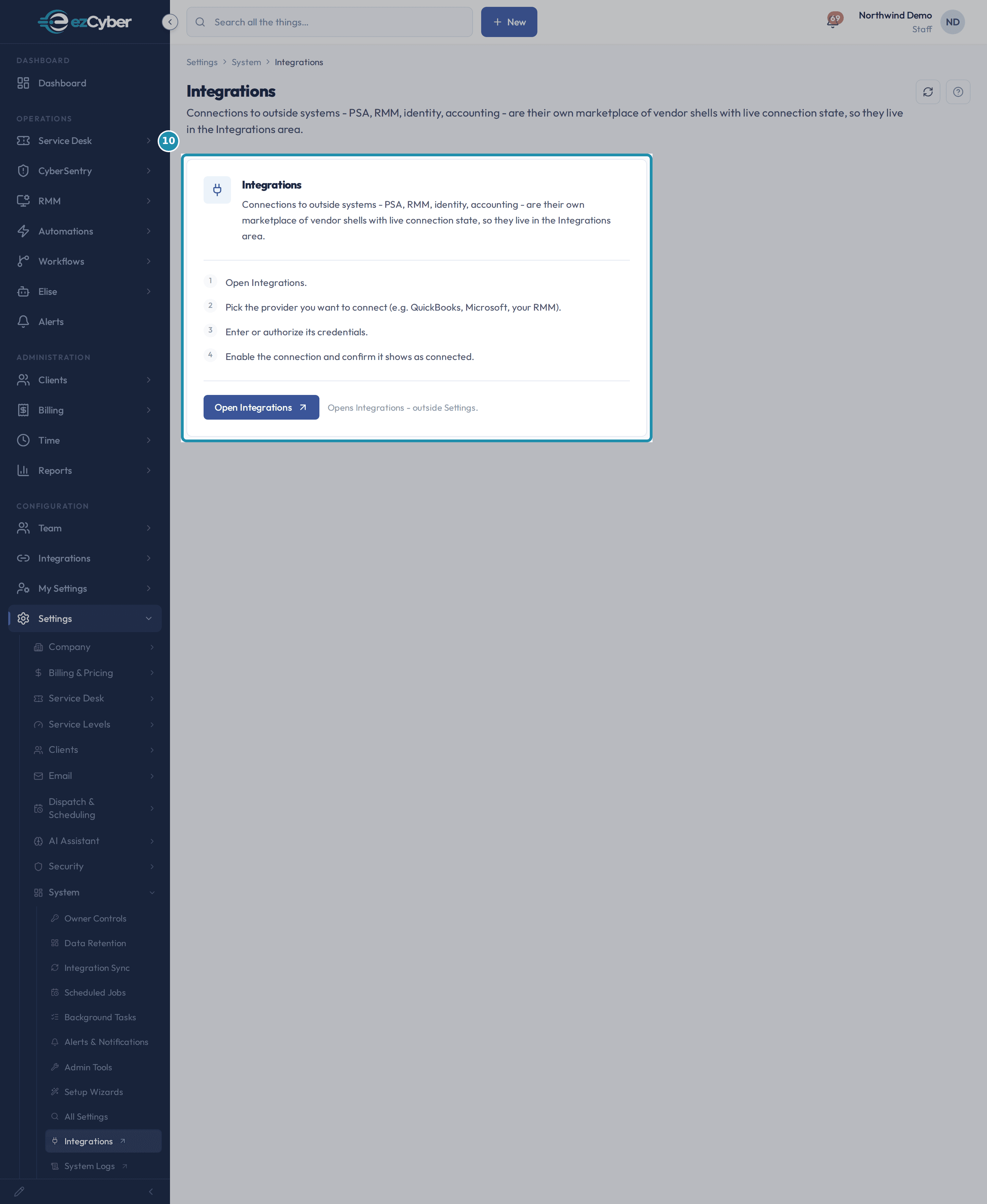 The Integrations doorway card: its explanation paragraph, four numbered steps, and an Open Integrations button.