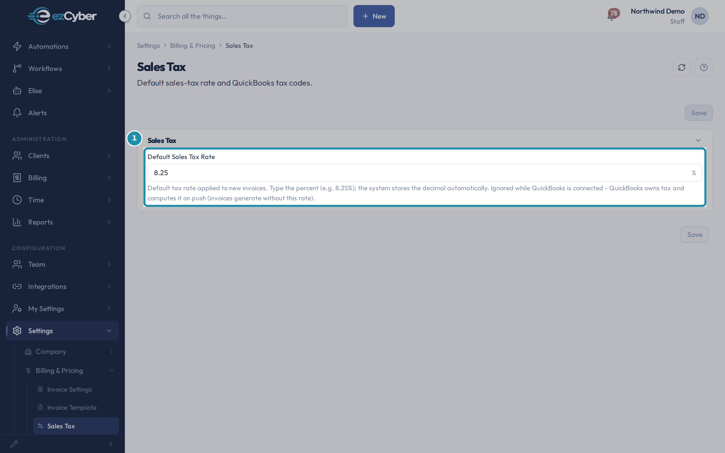 The Default Sales Tax Rate field on the Sales Tax page, boxed, showing 8.25 after a real save and the Saved confirmation beside it.