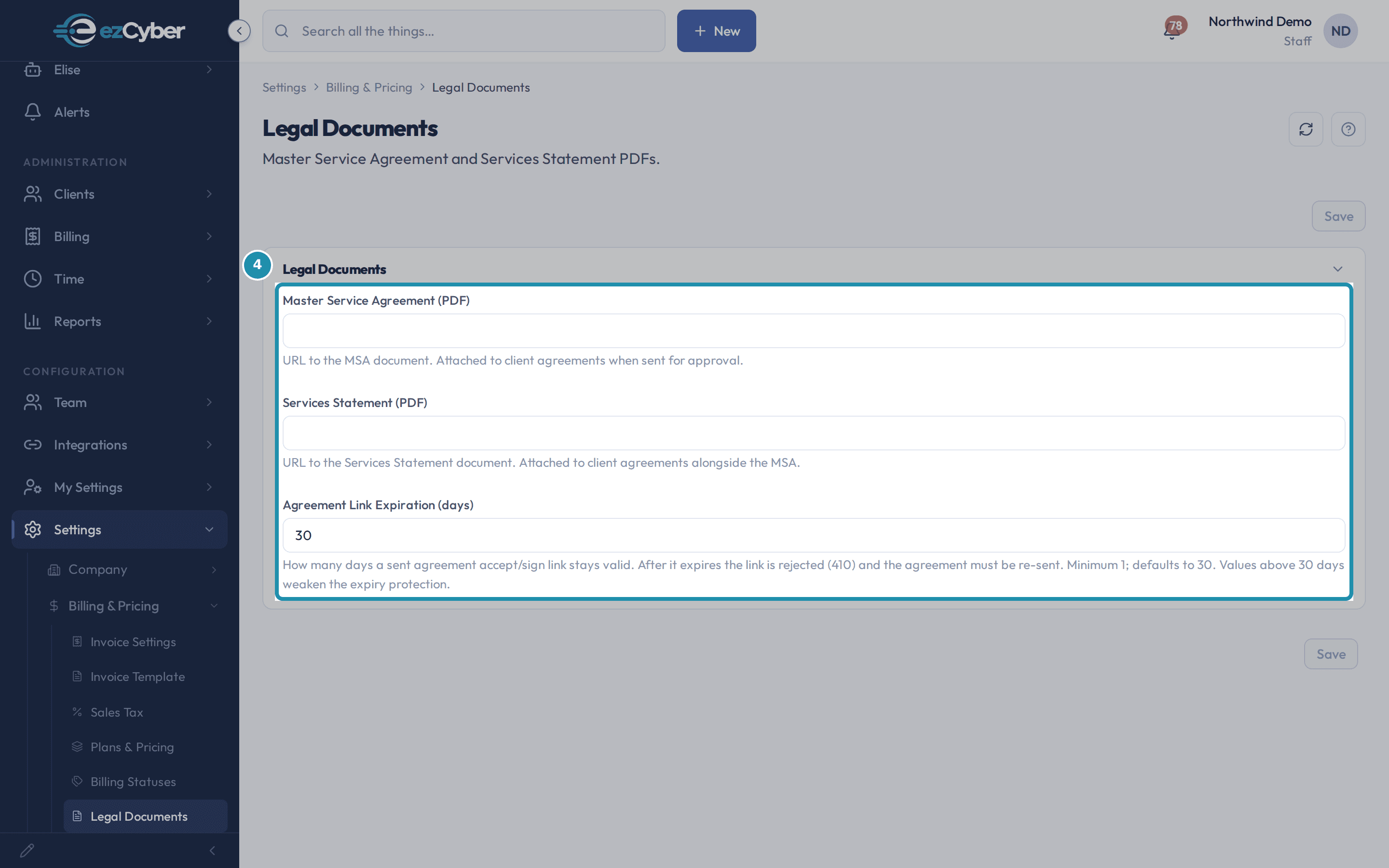 The Legal Documents page, boxed, showing empty Master Service Agreement and Services Statement fields and Agreement Link Expiration set to its default of 30 days.