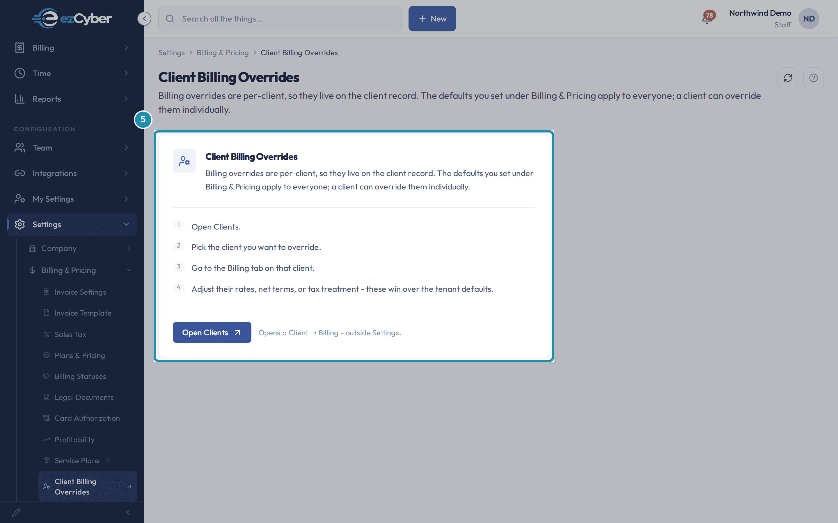 The Client Billing Overrides explainer page, boxed, showing its four numbered steps and the Open Clients button.