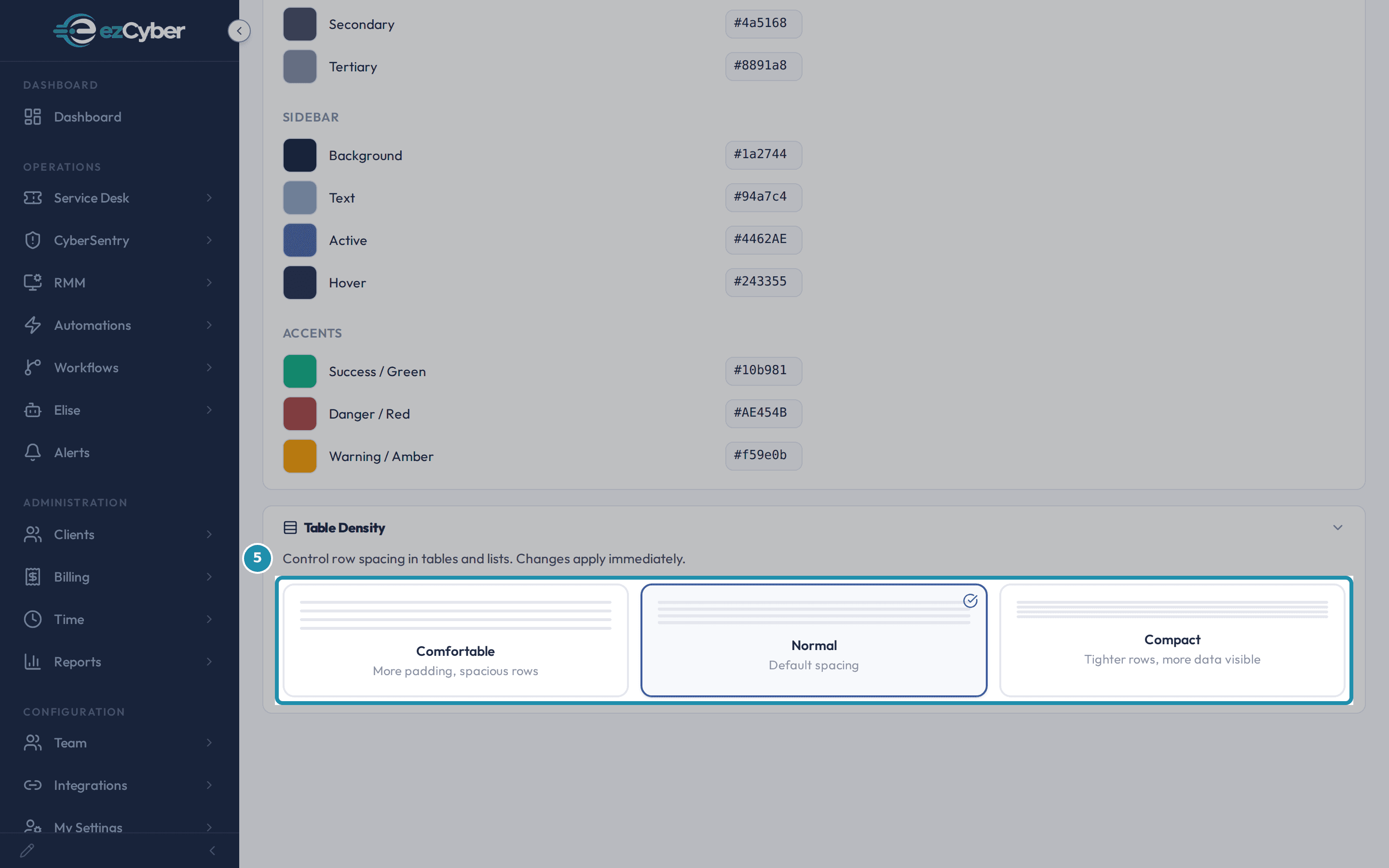 Table Density's three option cards - Comfortable, Normal, and Compact - boxed together, with Normal currently selected.