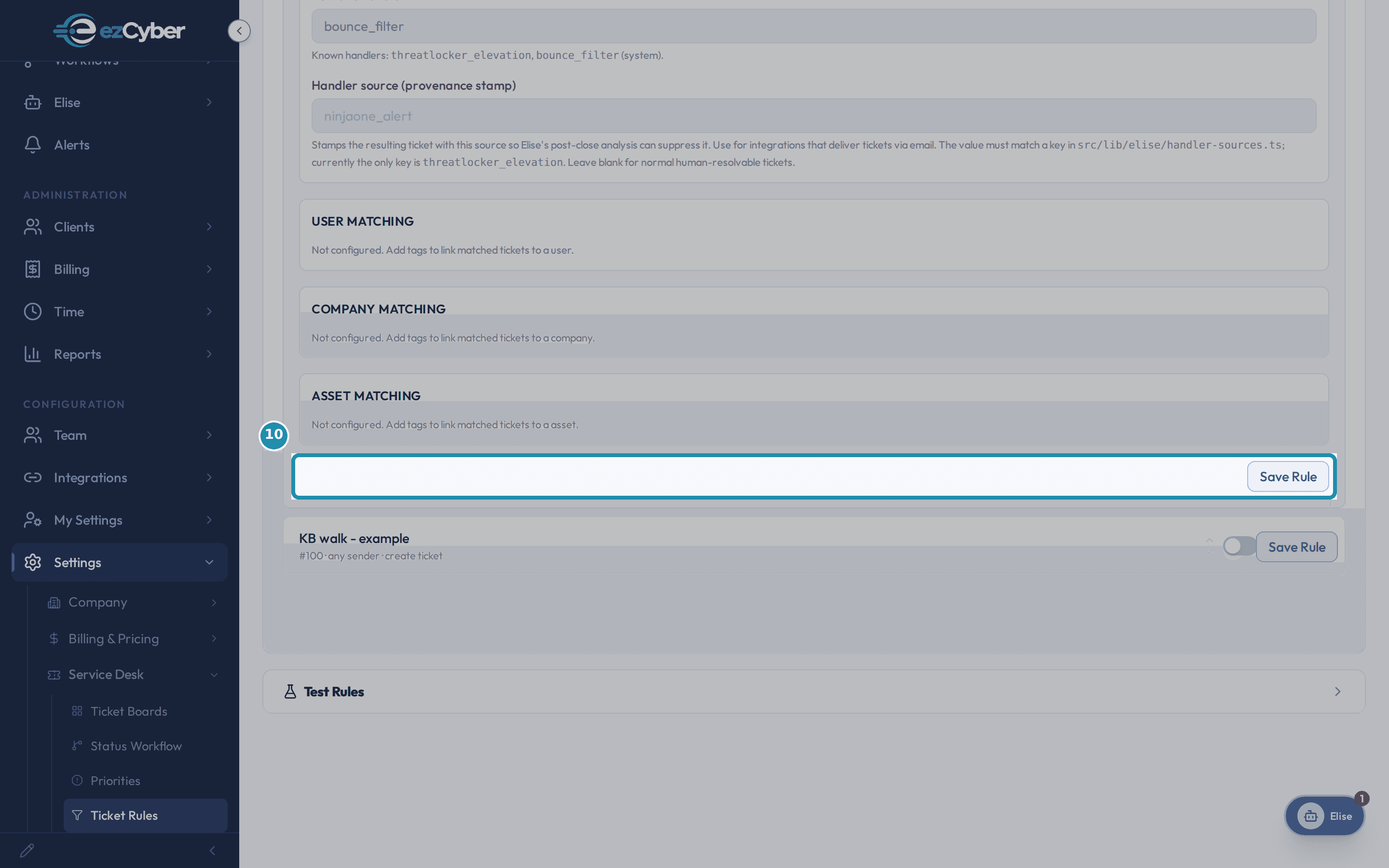 The expanded Skip bounces and system email rule's footer, showing only a Save Rule button and no Delete button.