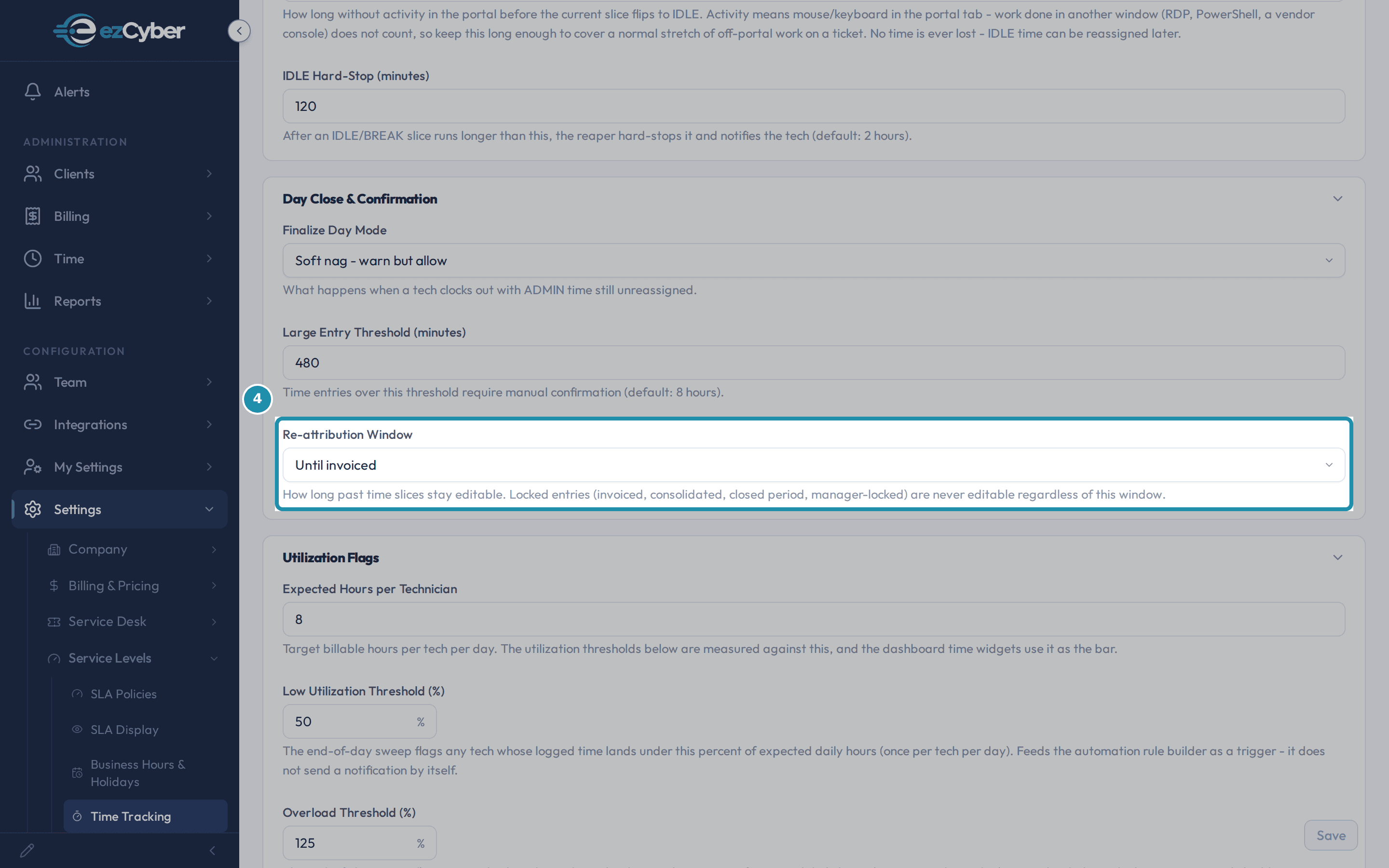 Re-attribution Window set to Until invoiced, with its five choices listed in the field's own description.