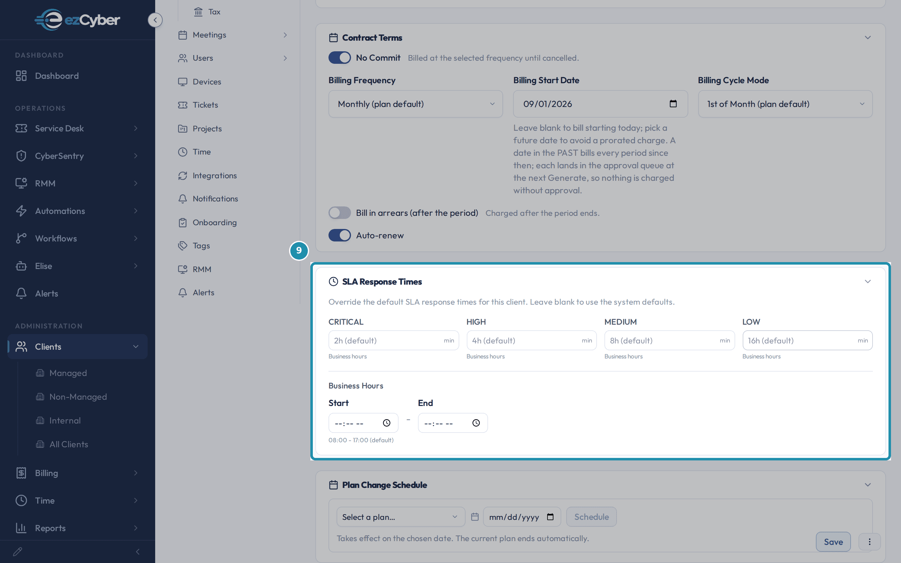 Bluebird Dental's subscription editor, SLA Response Times card: CRITICAL, HIGH, MEDIUM and LOW fields all blank, each showing its own default placeholder, plus a Business Hours Start and End override.